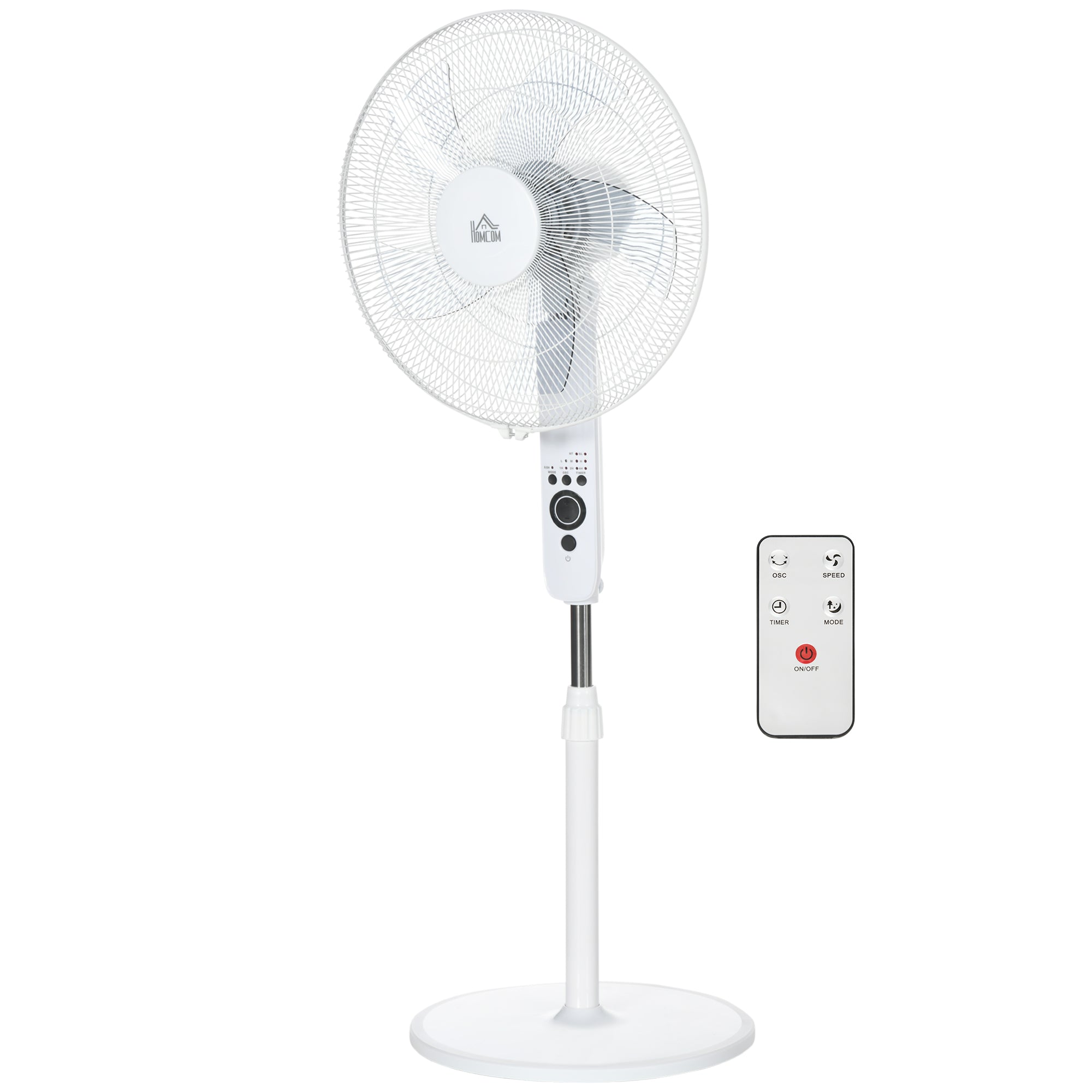 Powerful 45 W Pedestal Fan, Adjustable Height Fan 110-124 cm, Remote Control, 5 Blades of 40 cm, 3 Modes and 3 Speeds, 70° Oscillation and Timer, White