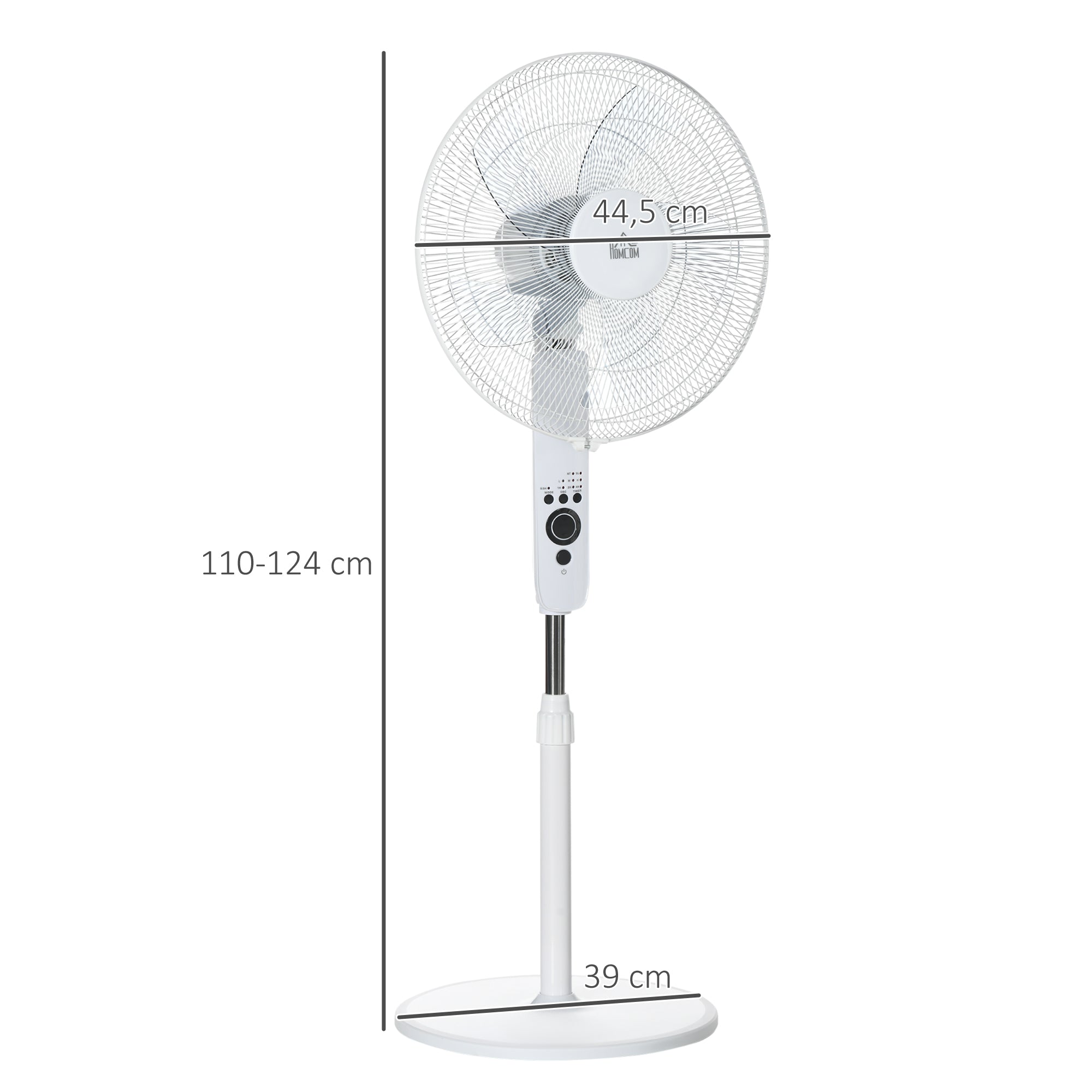 Powerful 45 W Pedestal Fan, Adjustable Height Fan 110-124 cm, Remote Control, 5 Blades of 40 cm, 3 Modes and 3 Speeds, 70° Oscillation and Timer, White