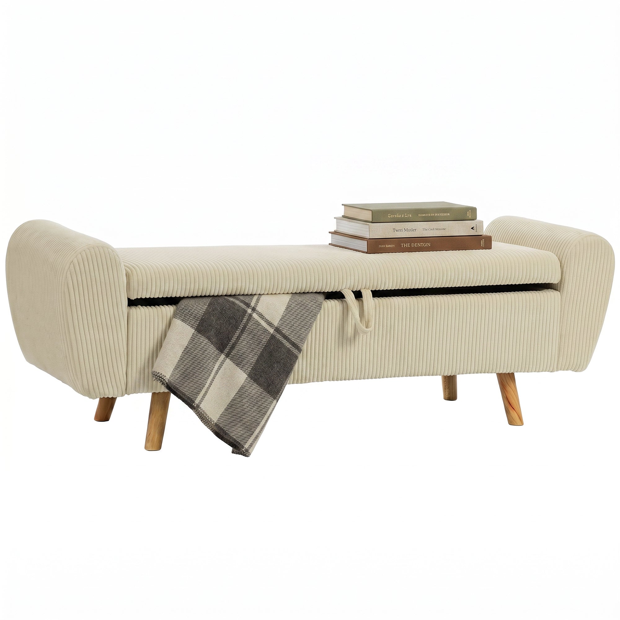 73 L Storage Bench, 59 x 17.7 x 20 in (150 x 45 x 51 cm), Upholstered Corduroy Velvet with Armrests and Hevea Wood Legs, Beige