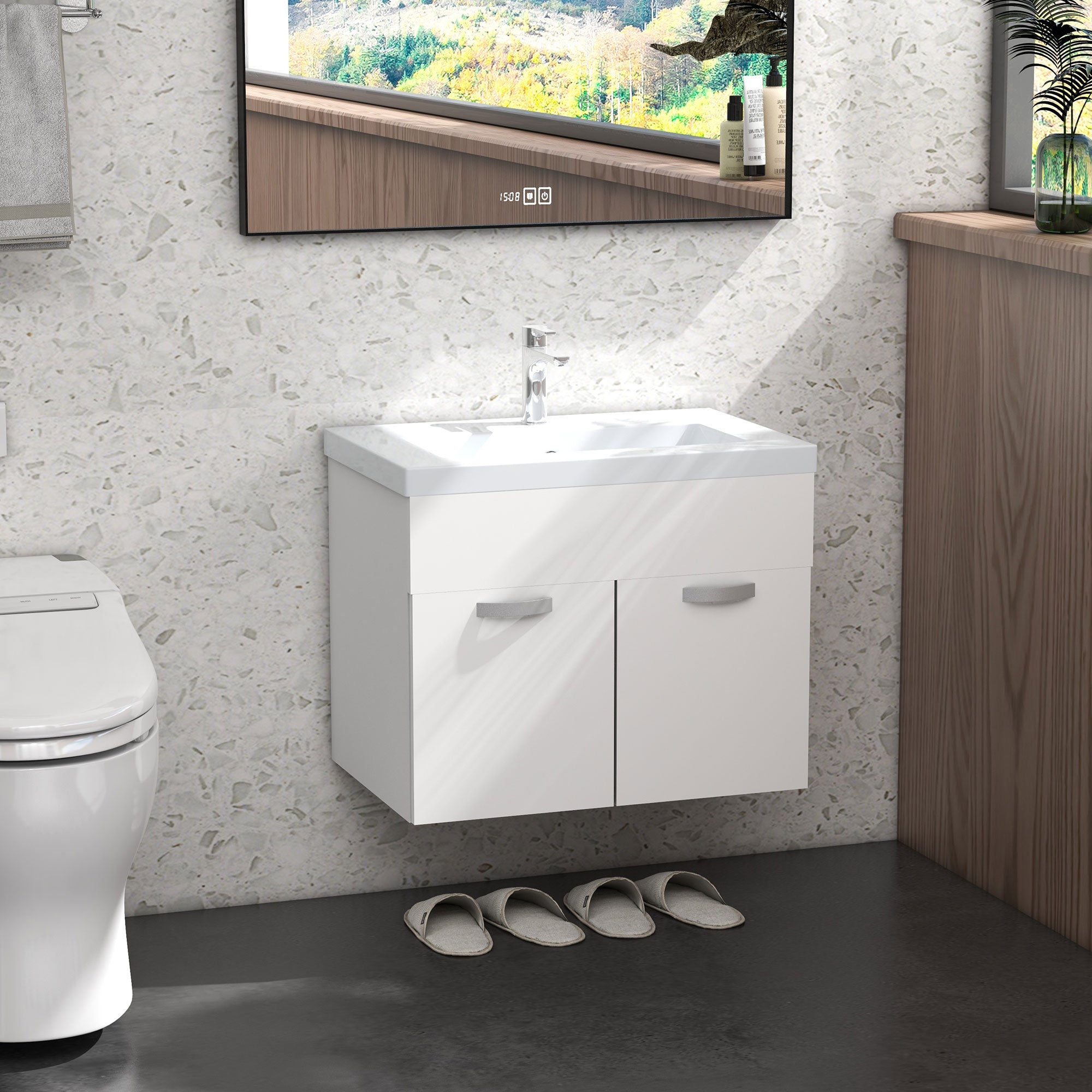 Wall-Hung Bathroom Vanity Unit with Sink, 2 Doors with Soft-Close Hinges, 61x40x50cm, Glossy White