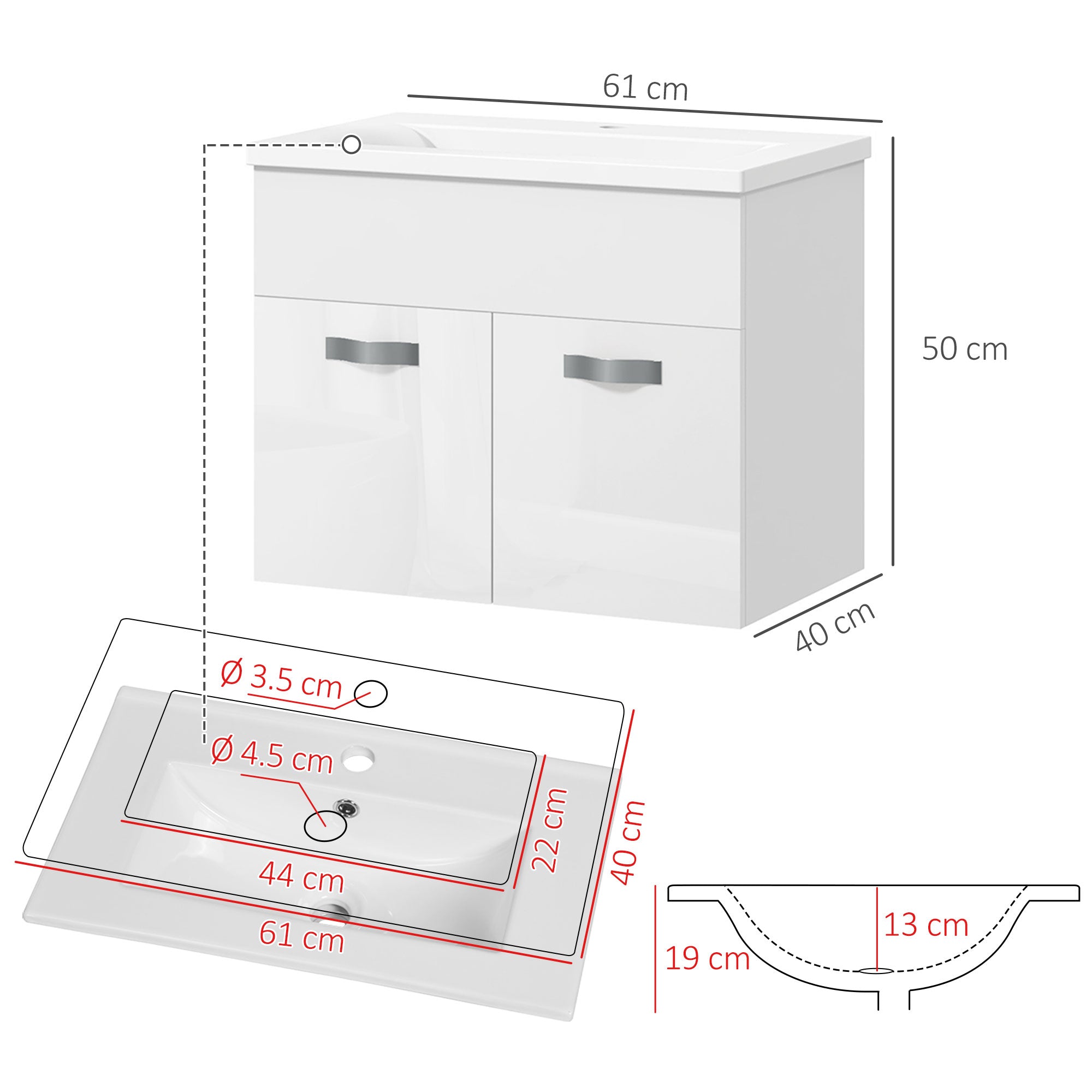 Wall-Hung Bathroom Vanity Unit with Sink, 2 Doors with Soft-Close Hinges, 61x40x50cm, Glossy White