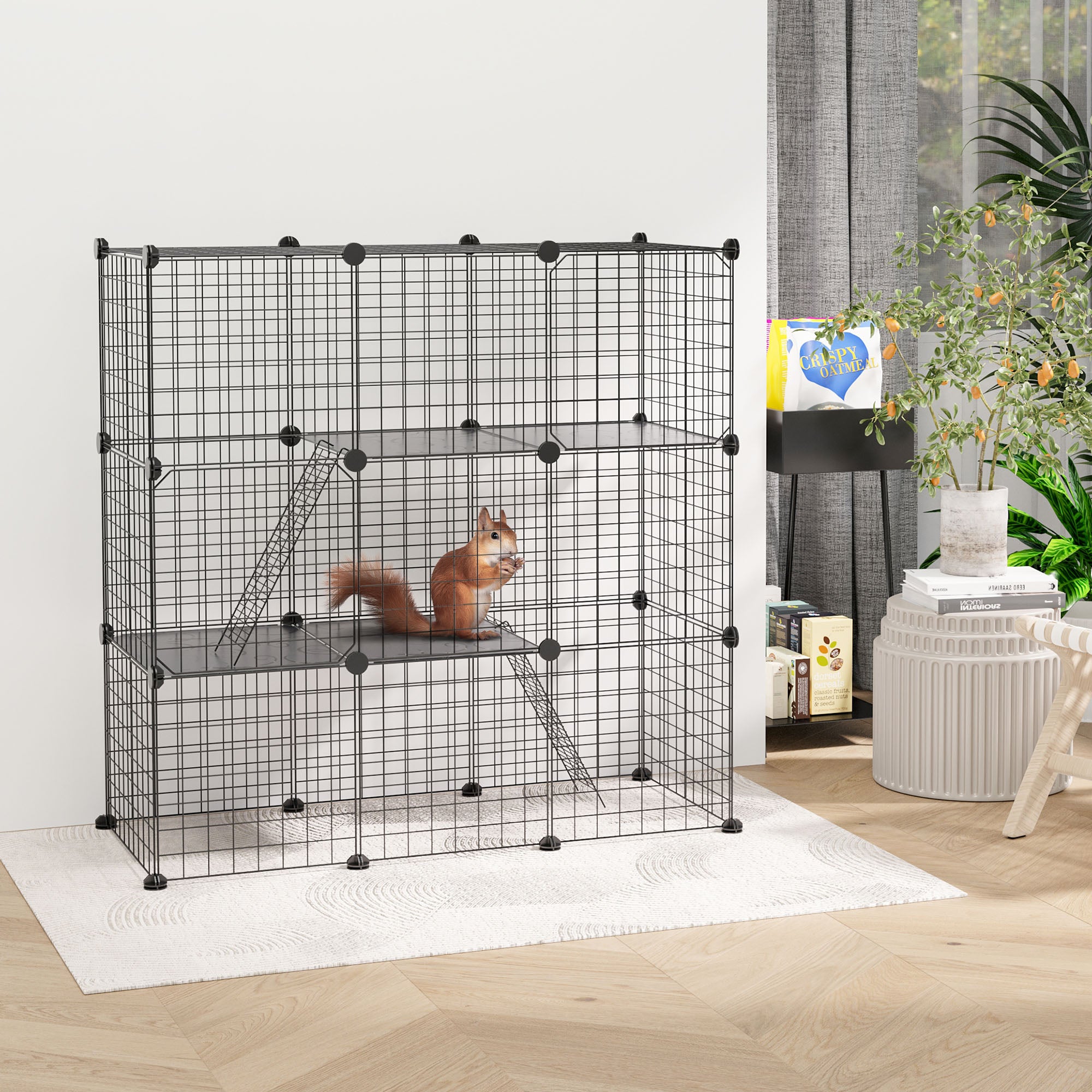 Small Animal Cage with 31 Panels DIY Pet Playpen with Ramp Enclosure for Kittens Rabbits Chinchillas 105x45x105 cm Black