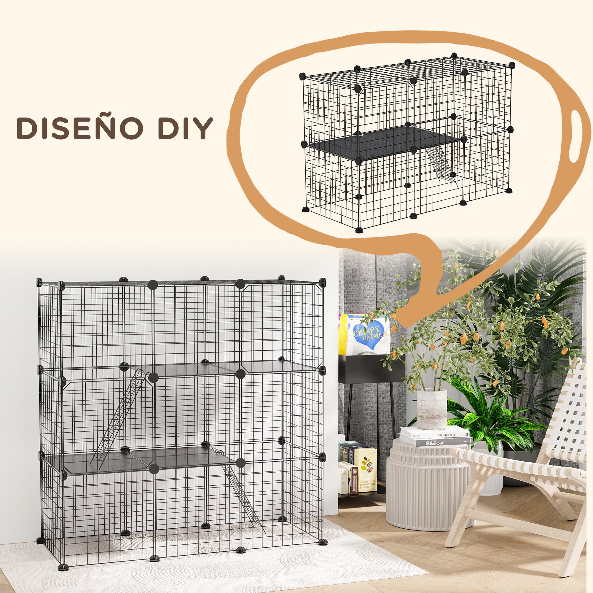 Small Animal Cage with 31 Panels DIY Pet Playpen with Ramp Enclosure for Kittens Rabbits Chinchillas 105x45x105 cm Black