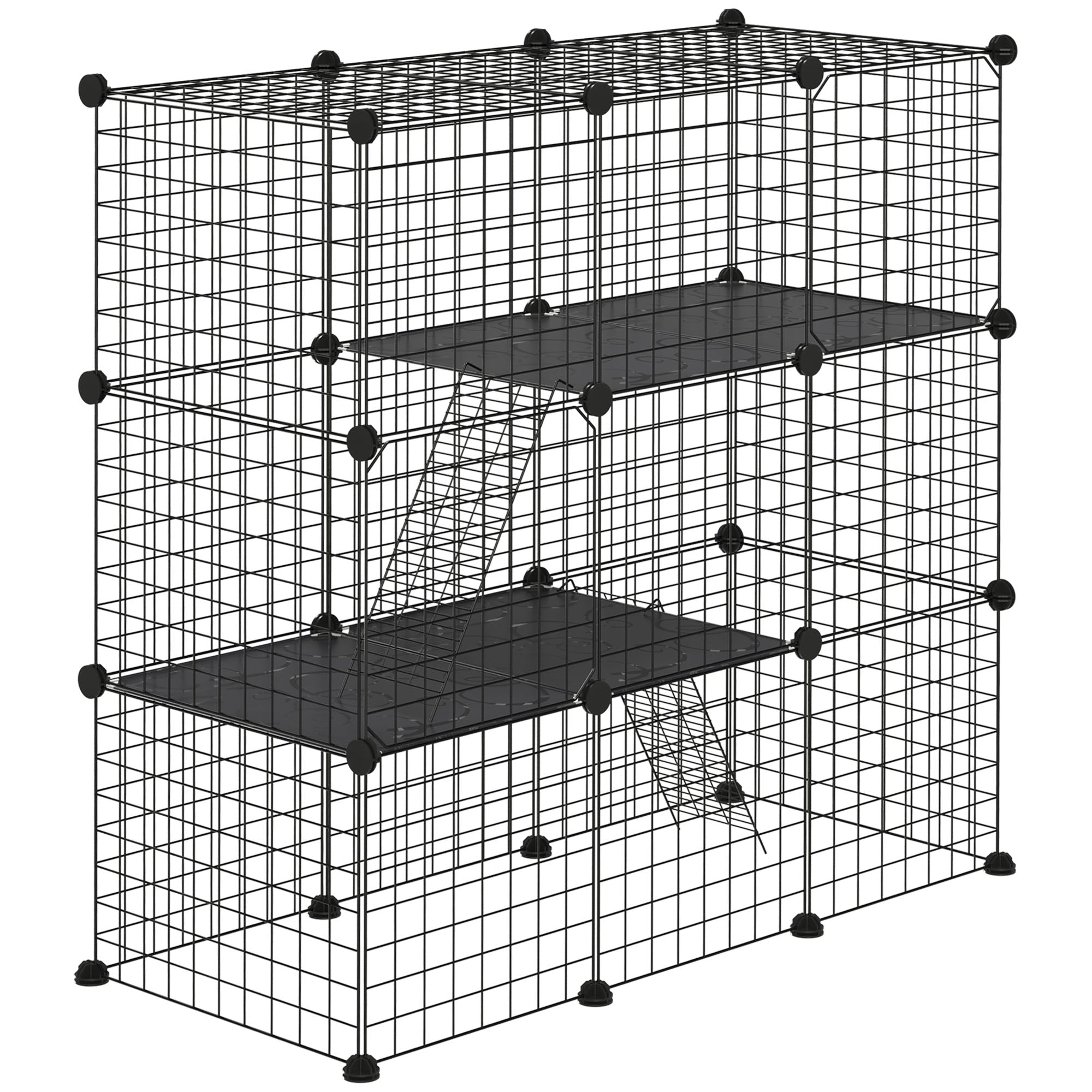 Small Animal Cage with 31 Panels DIY Pet Playpen with Ramp Enclosure for Kittens Rabbits Chinchillas 105x45x105 cm Black