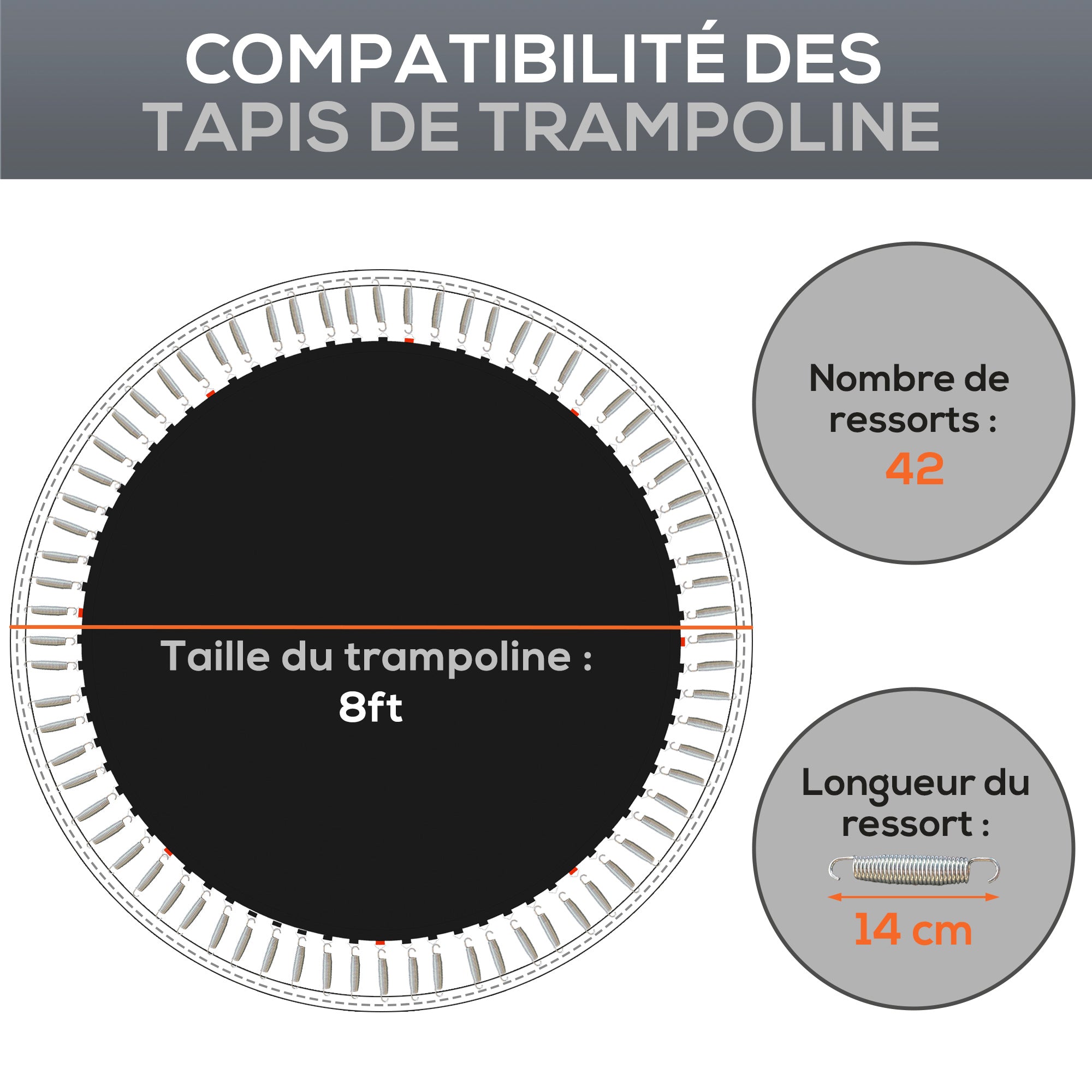 SPORTNOW Replacement Trampoline Mat, Compatible with 8ft Trampoline Ø 2.4m and 14 cm Springs, with spring pulling tool and 42 V-hooks (spring not included)