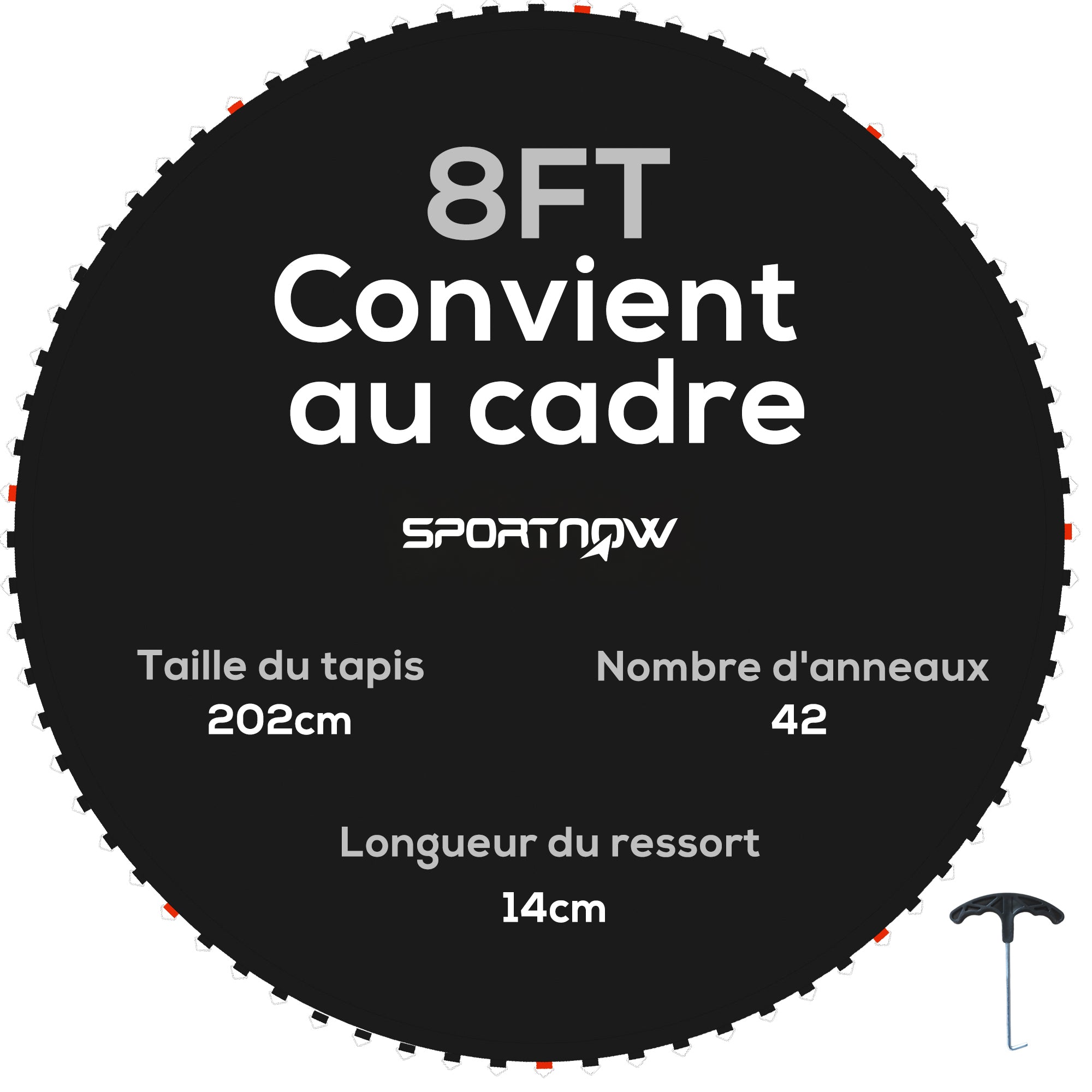 SPORTNOW Replacement Trampoline Mat, Compatible with 8ft Trampoline Ø 2.4m and 14 cm Springs, with spring pulling tool and 42 V-hooks (spring not included)