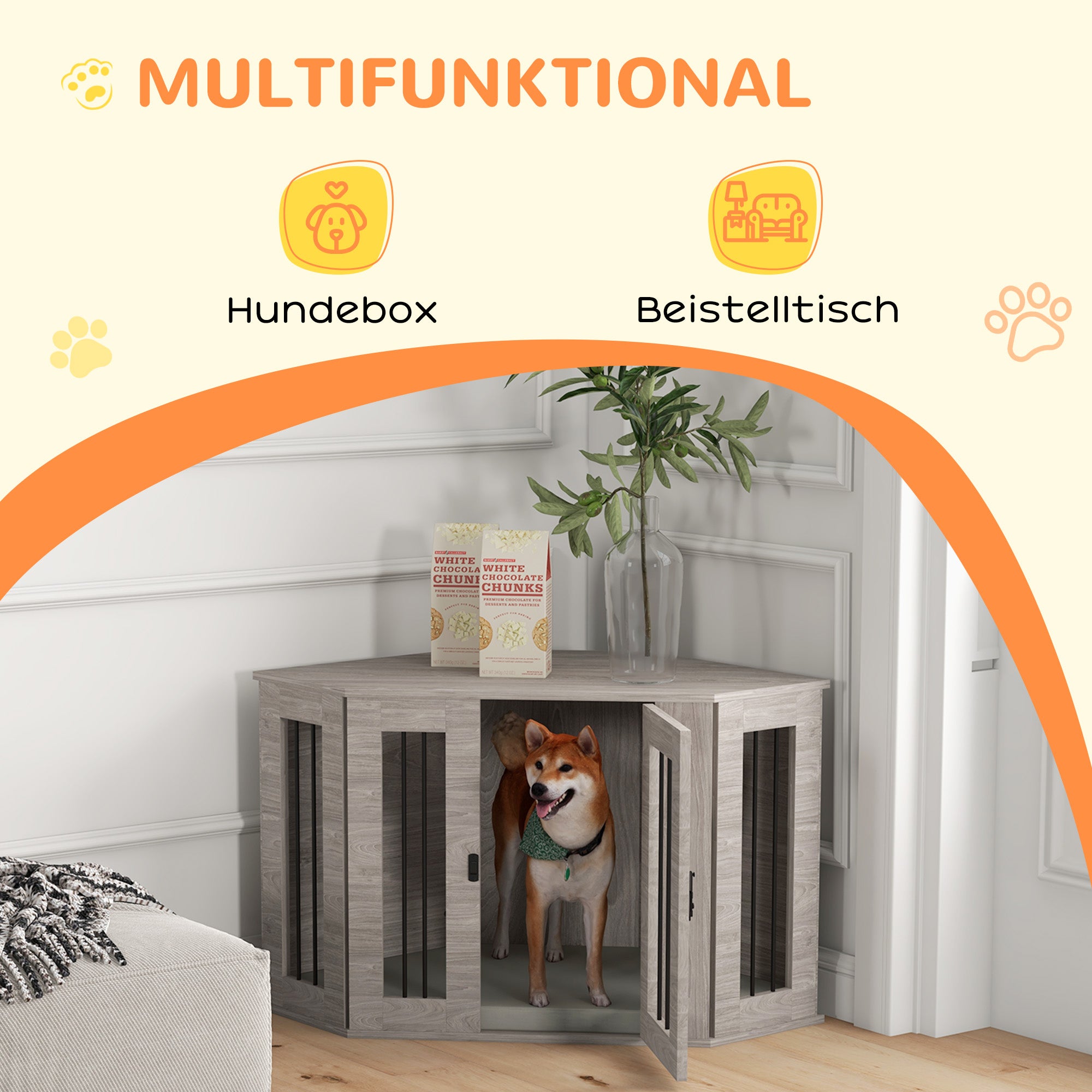 Dog Crate, Rectangular Dog House with Cushion, Pet Cage for Medium-Sized Dogs, Walnut, 104 x 55 x 63 cm
