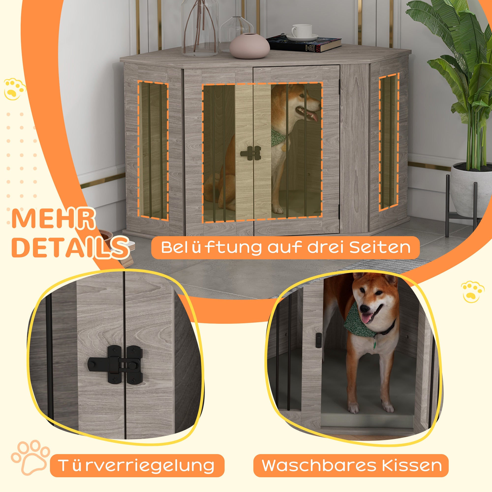 Dog Crate, Rectangular Dog House with Cushion, Pet Cage for Medium-Sized Dogs, Walnut, 104 x 55 x 63 cm