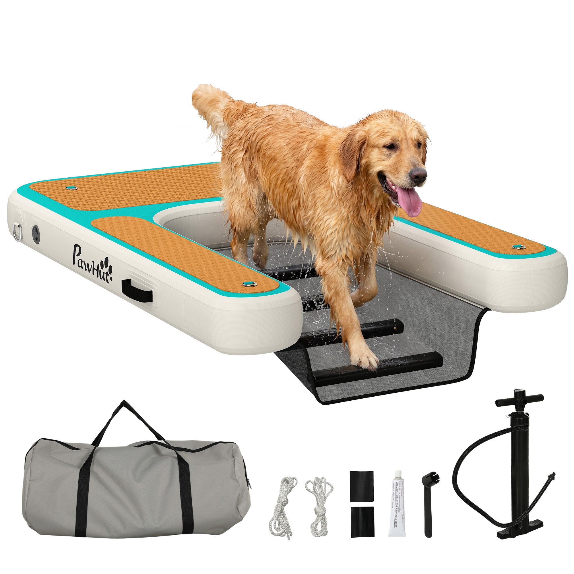 Inflatable Dog Water Ramp — 59.4 x 40.2 x 5.9 in Portable Floating Dock with Non-Slip EVA Surface, Ladder for Pools, Boats & Lakes, Supports Up to 220 lb