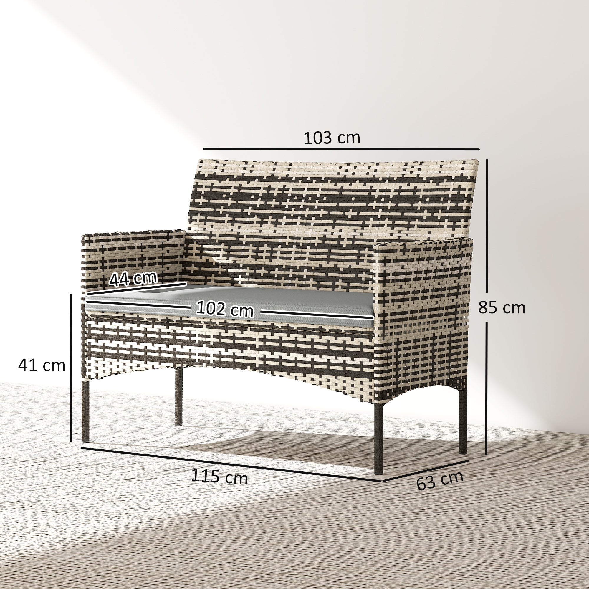 2-Seater Rattan Garden Sofa with Cushions — Weatherproof Outdoor Loveseat, Light Gray