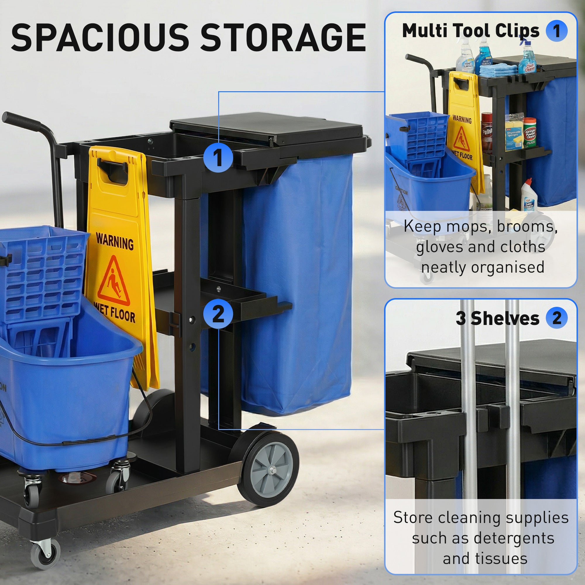 Janitorial Cart Cleaning Trolley with 3 Tiers, 70 L Trash Bag with Lid, Casters, Wringer Mop Bucket, Tool Holders & Wet Floor Sign for Hotels, Malls, Offices — 122 x 46.5 x 101 cm (48 x 18.3 x 39.8 in)