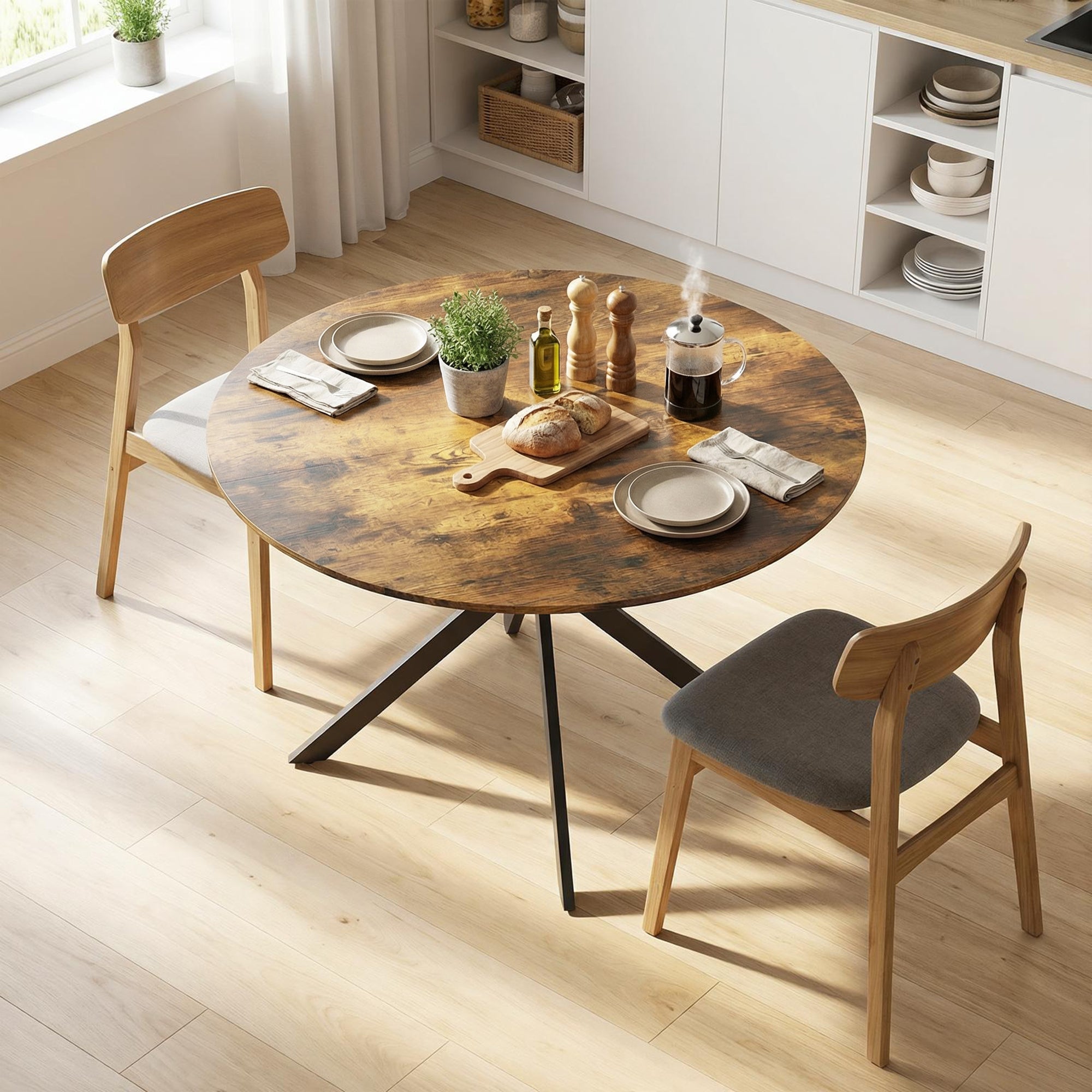 Round Dining Table for 4, Ø120 cm (47.2") Industrial Style with Steel X-Legs, Rustic Brown