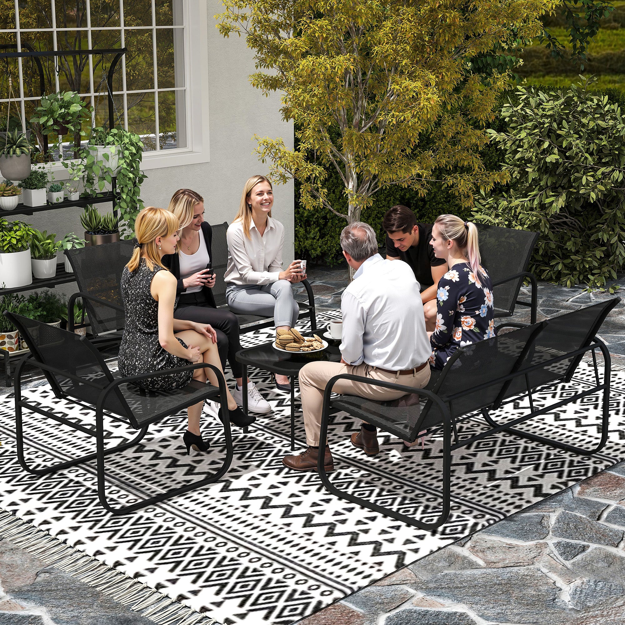 5-Piece Outdoor Garden Set in Steel and Textilene with 2 Two-Seater Sofas, 2 Armchairs, and Tempered Glass Coffee Table, Patio Garden Furniture Terrace, Grey