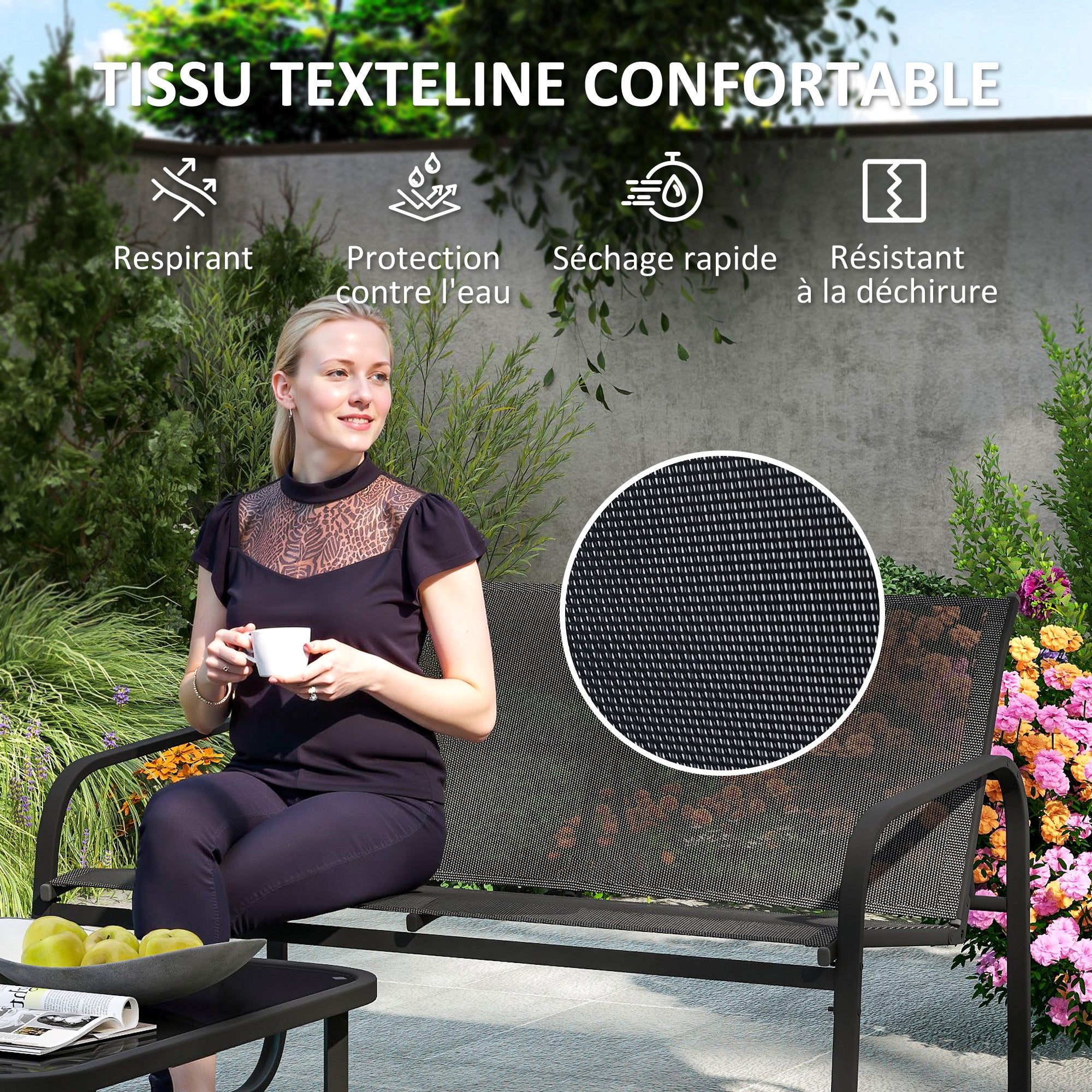 5-Piece Outdoor Garden Set in Steel and Textilene with 2 Two-Seater Sofas, 2 Armchairs, and Tempered Glass Coffee Table, Patio Garden Furniture Terrace, Grey