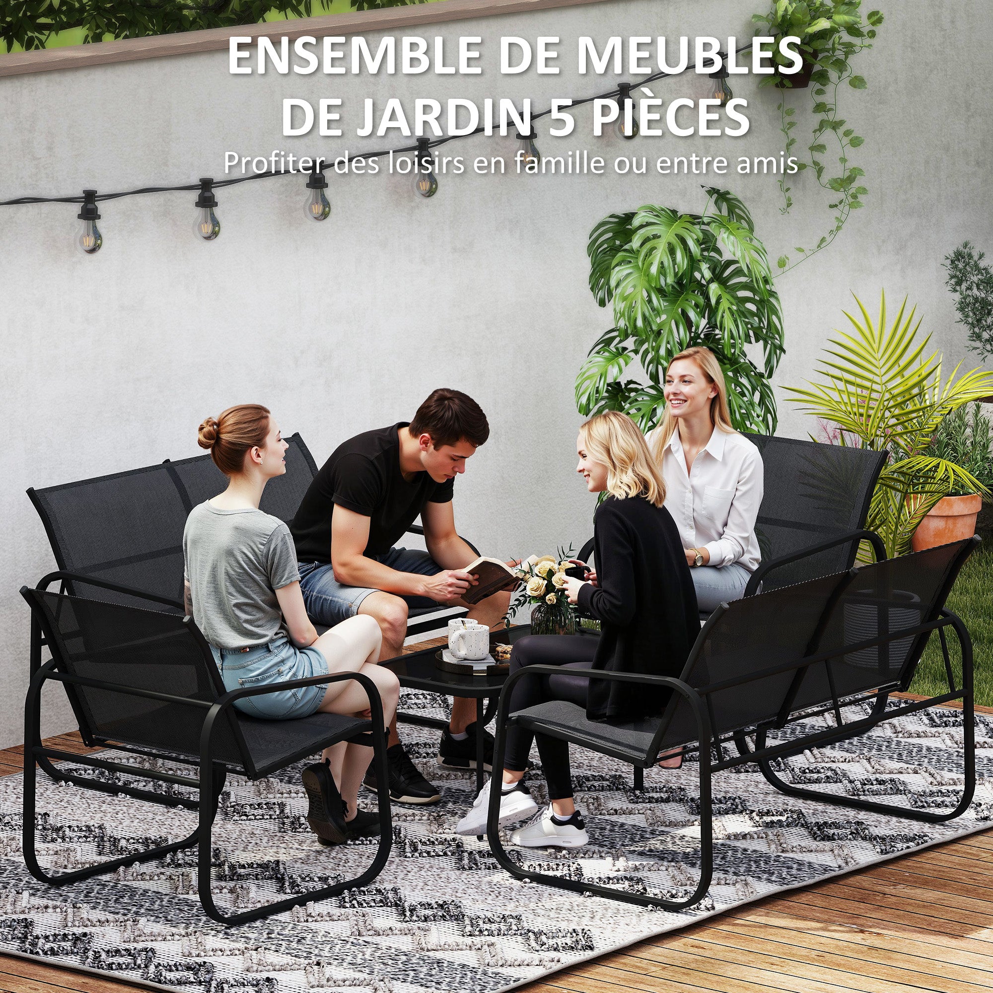 5-Piece Outdoor Garden Set in Steel and Textilene with 2 Two-Seater Sofas, 2 Armchairs, and Tempered Glass Coffee Table, Patio Garden Furniture Terrace, Grey