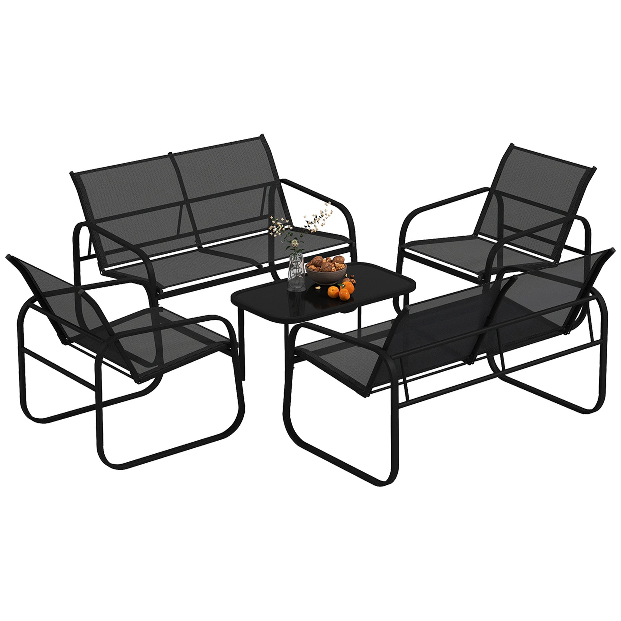 5-Piece Outdoor Garden Set in Steel and Textilene with 2 Two-Seater Sofas, 2 Armchairs, and Tempered Glass Coffee Table, Patio Garden Furniture Terrace, Grey
