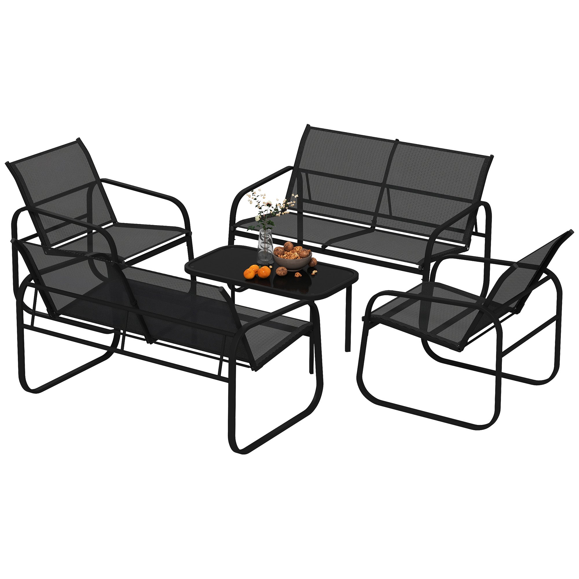 5-Piece Outdoor Garden Set in Steel and Textilene with 2 Two-Seater Sofas, 2 Armchairs, and Tempered Glass Coffee Table, Patio Garden Furniture Terrace, Grey