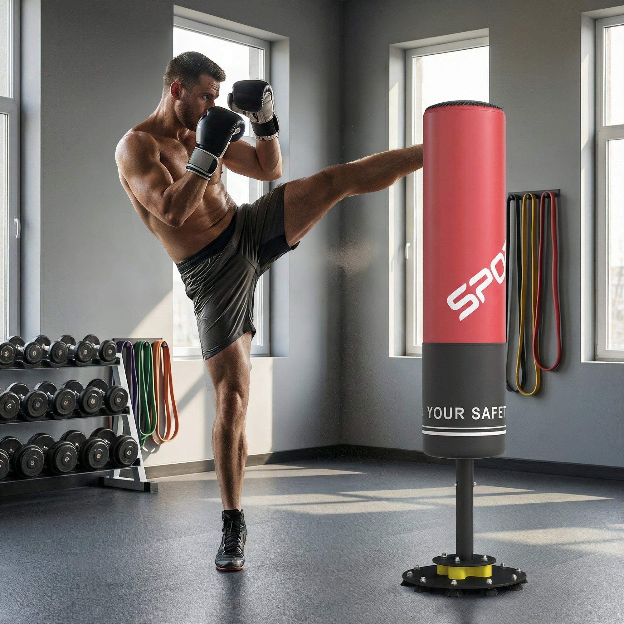 SPORTNOW 53 in (135 cm) Freestanding Punching Bag – Red/Black, Shock-Absorbing Base, 10 Suction Cups, Kickboxing & MMA Trainer for Adults