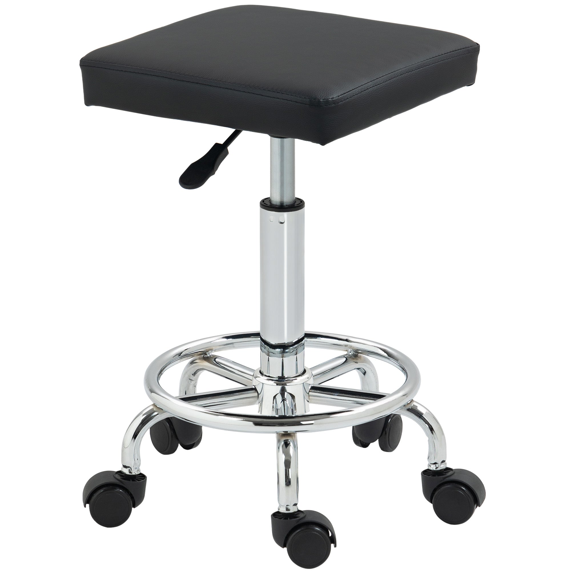 Swivel Stool with Wheels Adjustable Height 50-66 cm Padded Faux Leather Seat Footrest for Living Rooms and Workshops Black