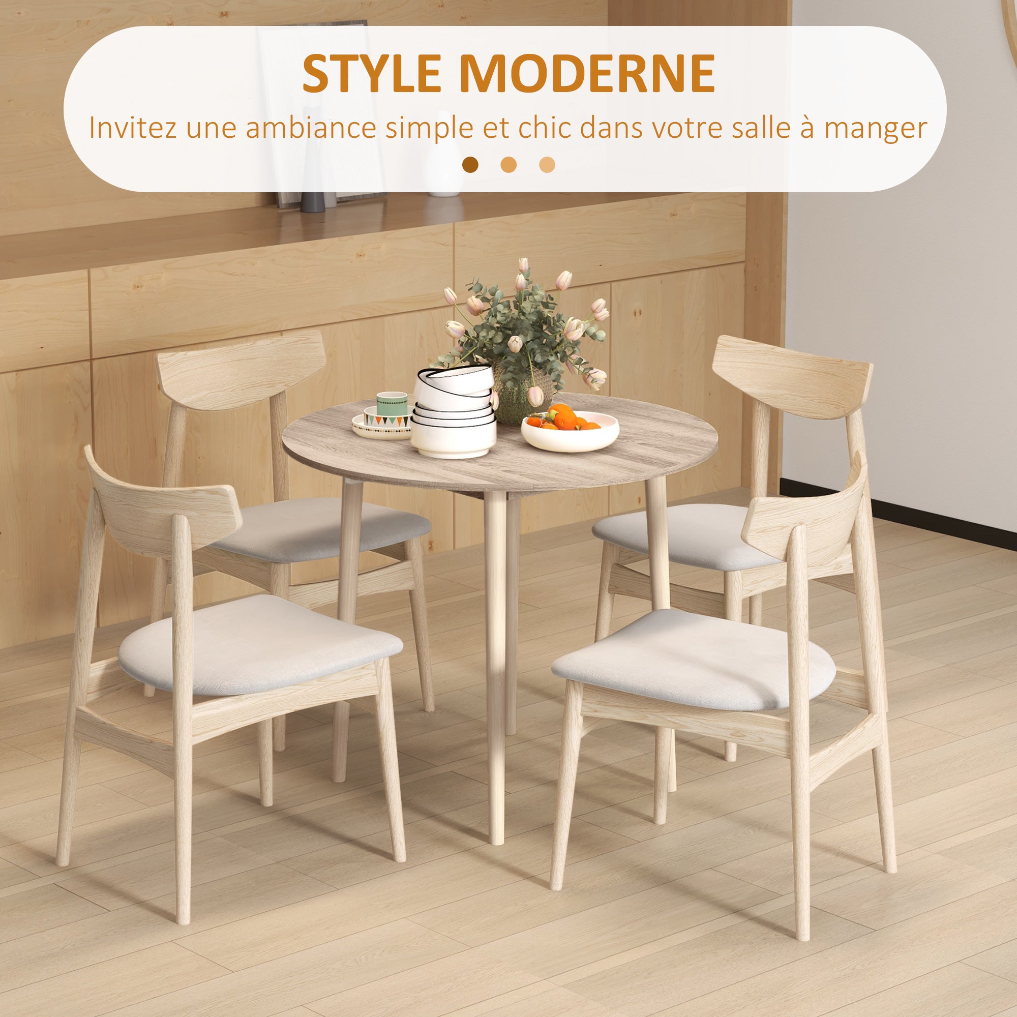 Folding kitchen dining table with 2 drop leaves - extendable round table - space-saving with wooden legs Ø89 x 73.5H cm