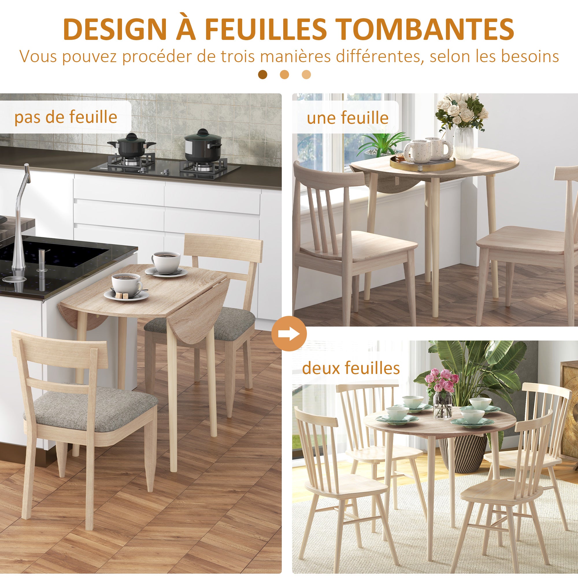 Folding kitchen dining table with 2 drop leaves - extendable round table - space-saving with wooden legs Ø89 x 73.5H cm