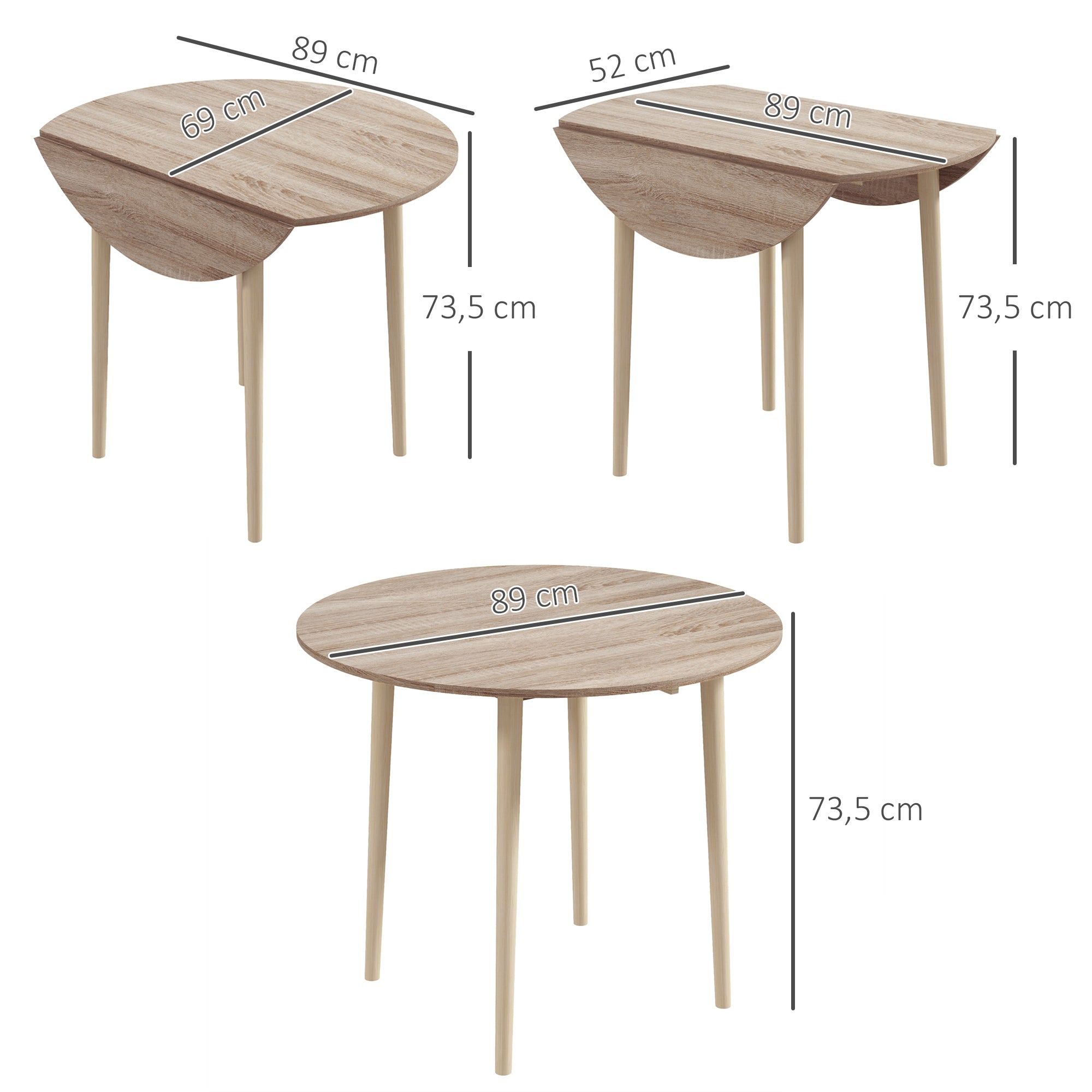 Folding kitchen dining table with 2 drop leaves - extendable round table - space-saving with wooden legs Ø89 x 73.5H cm