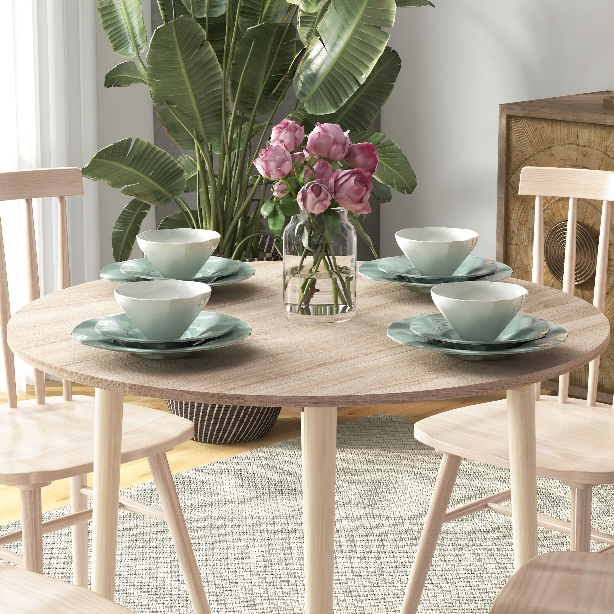 Folding kitchen dining table with 2 drop leaves - extendable round table - space-saving with wooden legs Ø89 x 73.5H cm