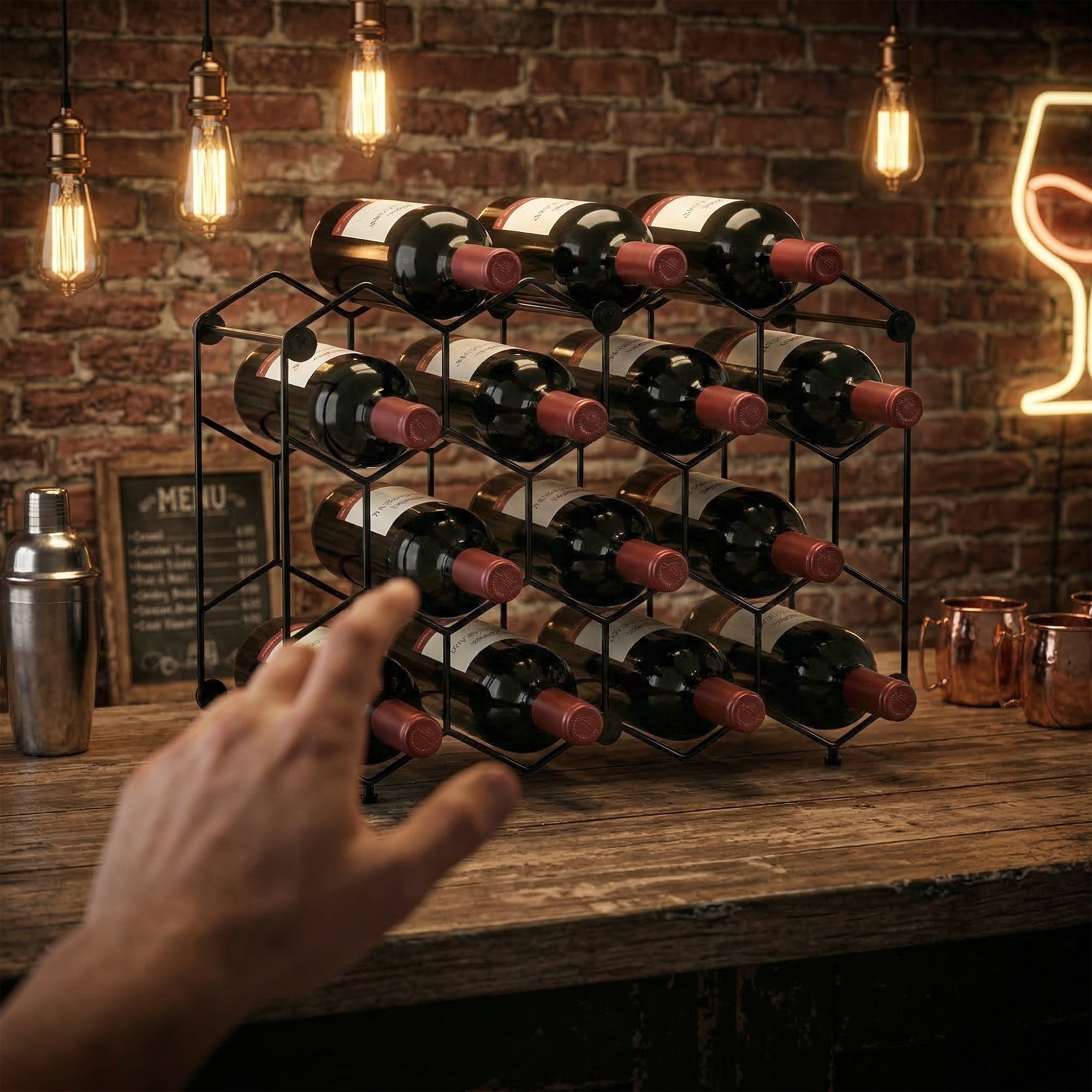 Industrial Honeycomb Wine Rack for 13 Bottles, Metal, Adjustable Feet & Anti-Tip Strap, Black