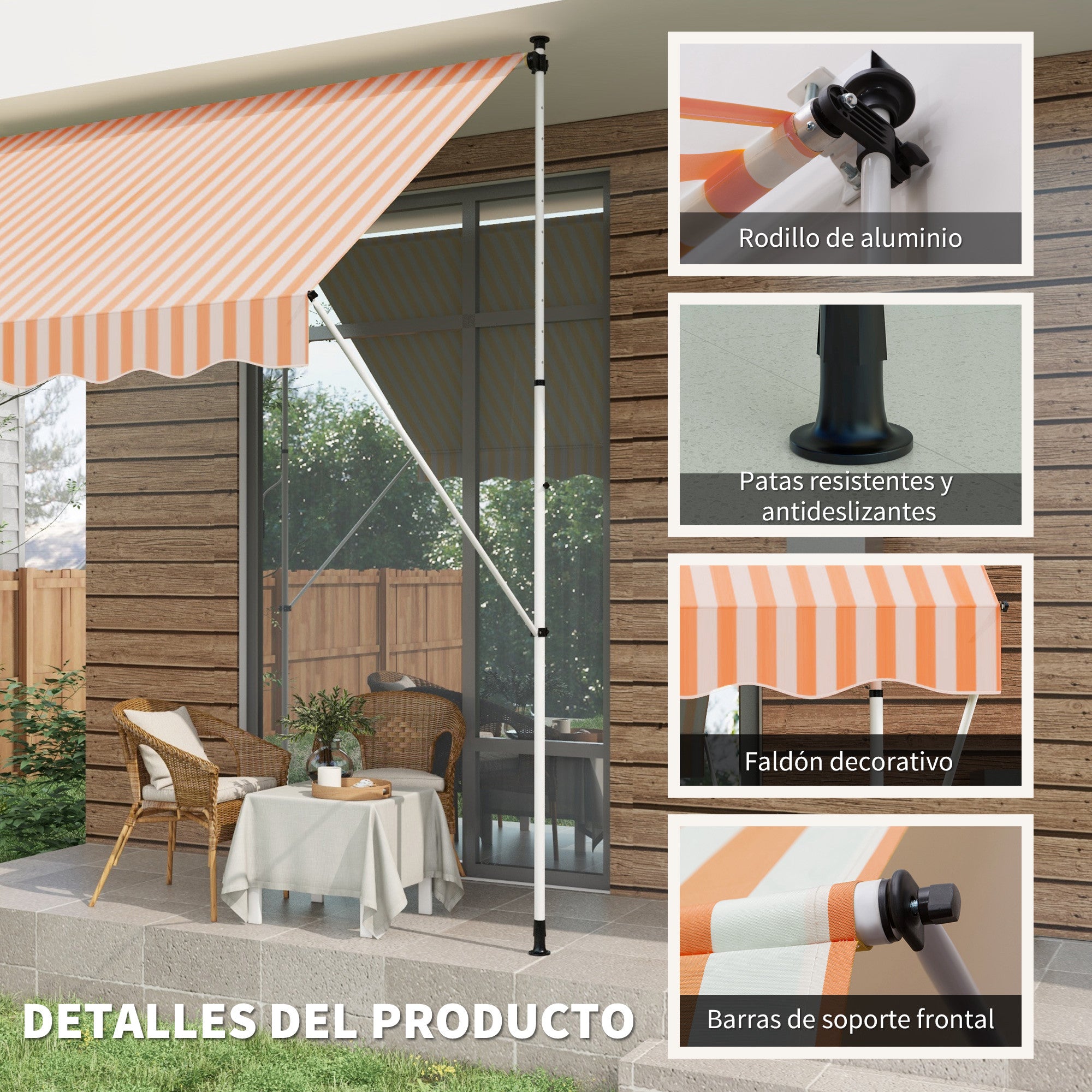 Retractable Manual Awning 3x1.5 m Outdoor Terrace Roll-Up Awning Adjustable Height with Crank 170-280 cm No Drill for Balcony Garden Orange