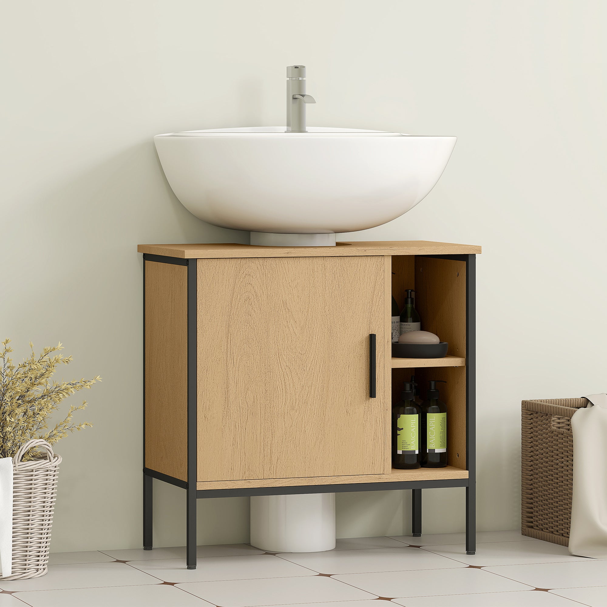 Under Sink Bathroom Cabinet with Door and Adjustable Shelf for Pedestal Sink 60x30x59.5 cm Oak