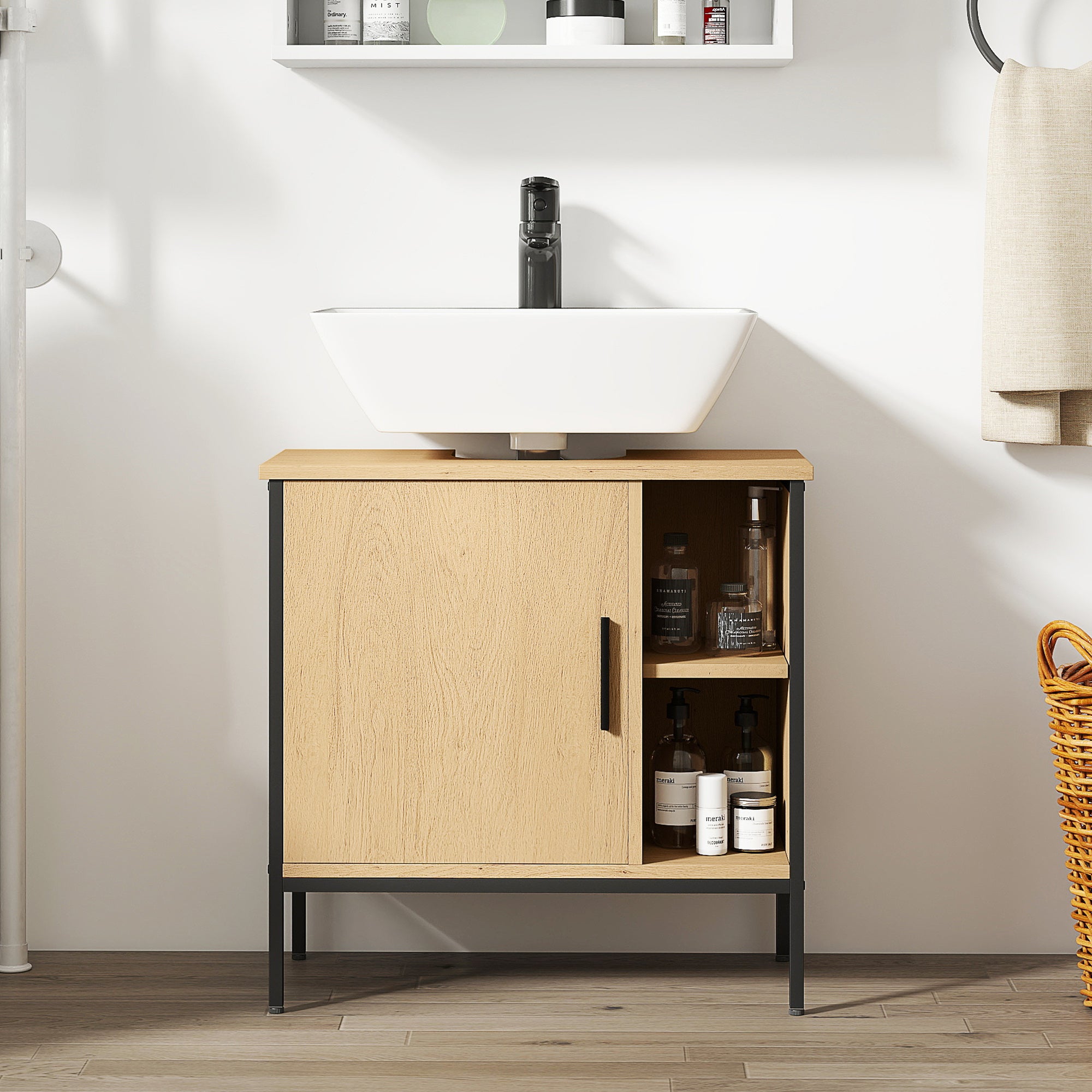 Under Sink Bathroom Cabinet with Door and Adjustable Shelf for Pedestal Sink 60x30x59.5 cm Oak