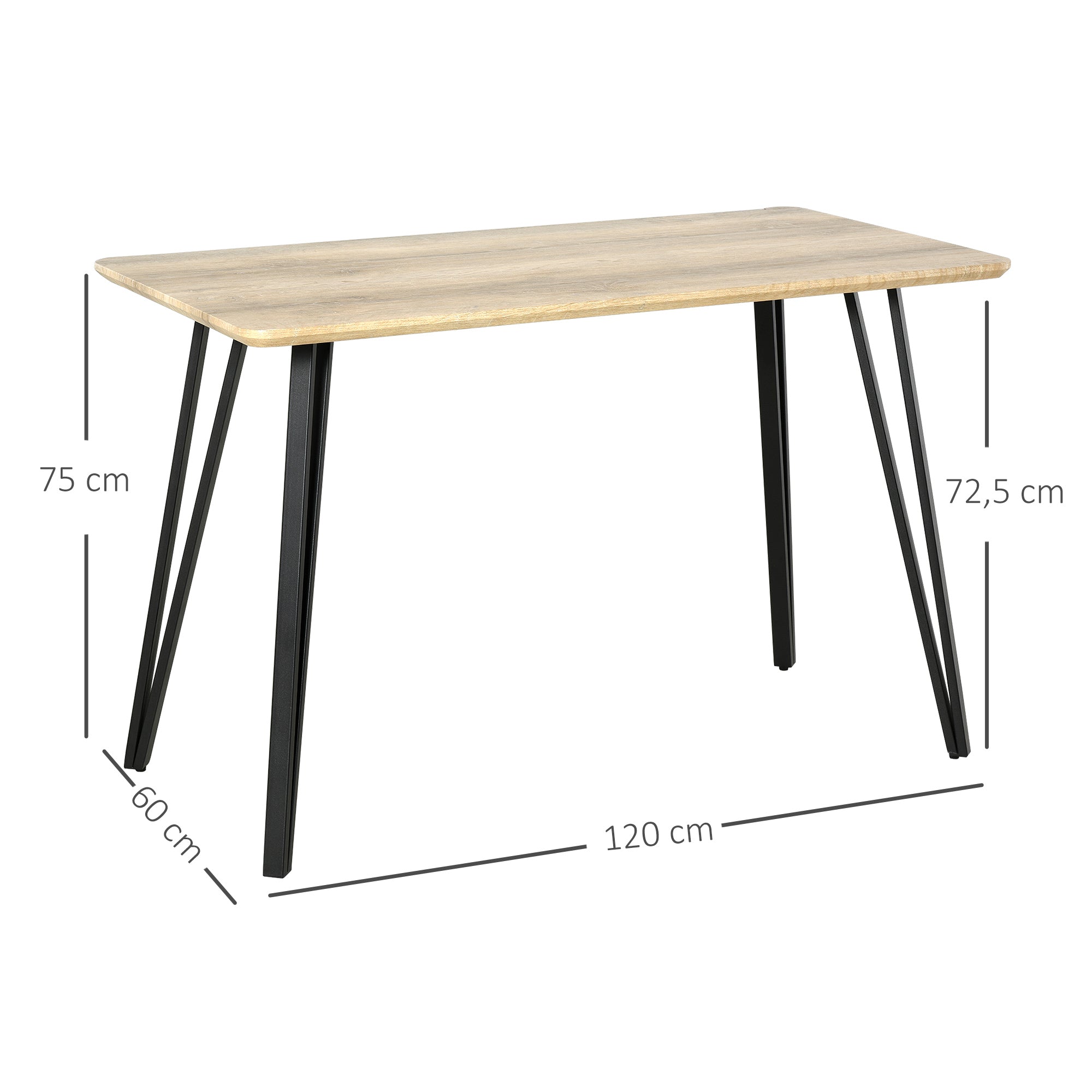 Industrial Design Dining Table Large Beveled Top 120L x 60W x 75H cm Black Metal Hairpin Legs Light Oak Grain MDF