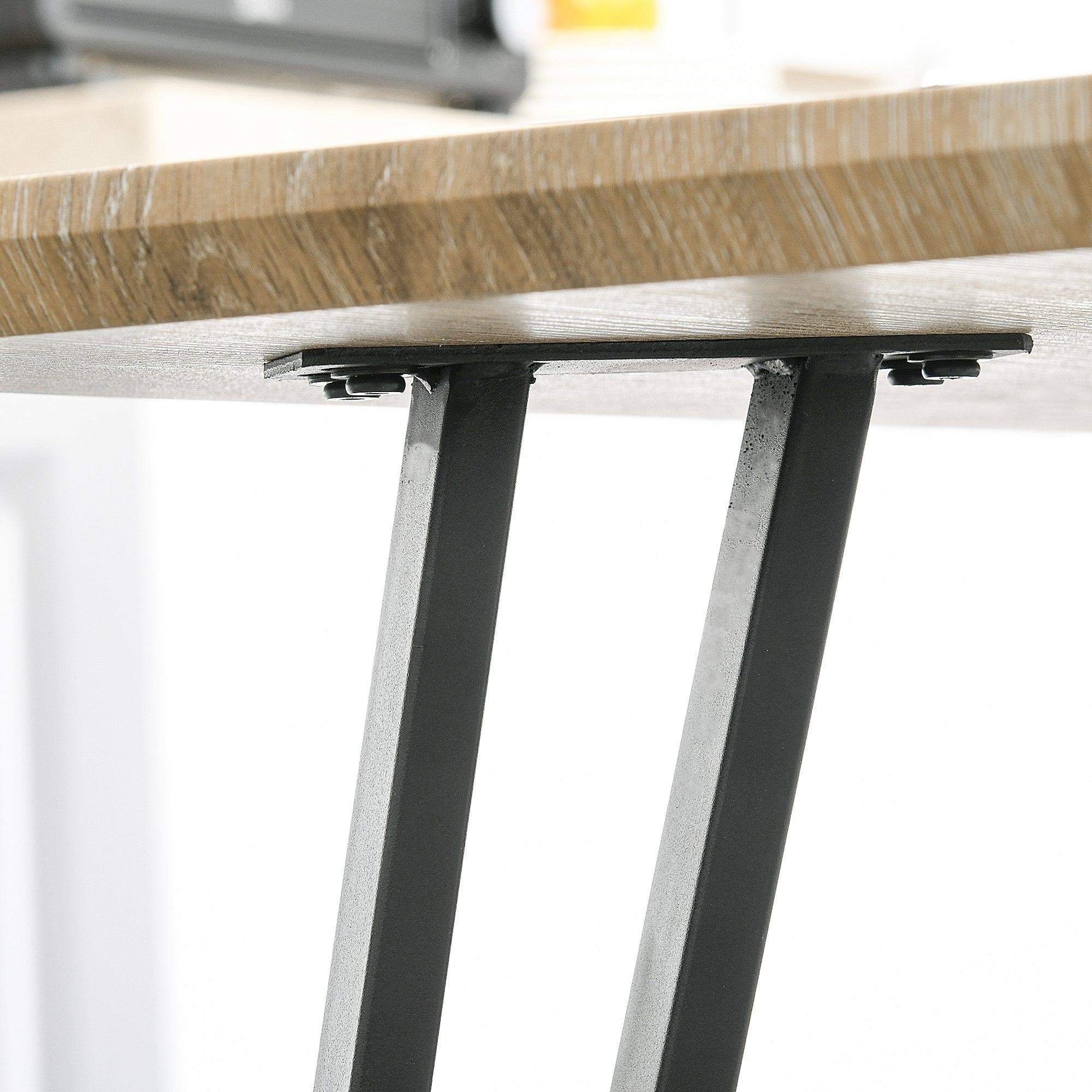 Industrial Design Dining Table Large Beveled Top 120L x 60W x 75H cm Black Metal Hairpin Legs Light Oak Grain MDF