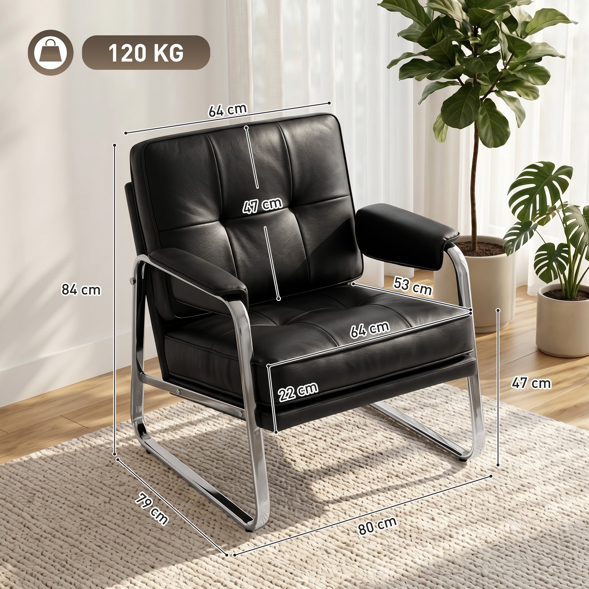 PU Leather Accent Chair — Wide Seat, Thick Foam, Metal Base, Button-Tufted — Black