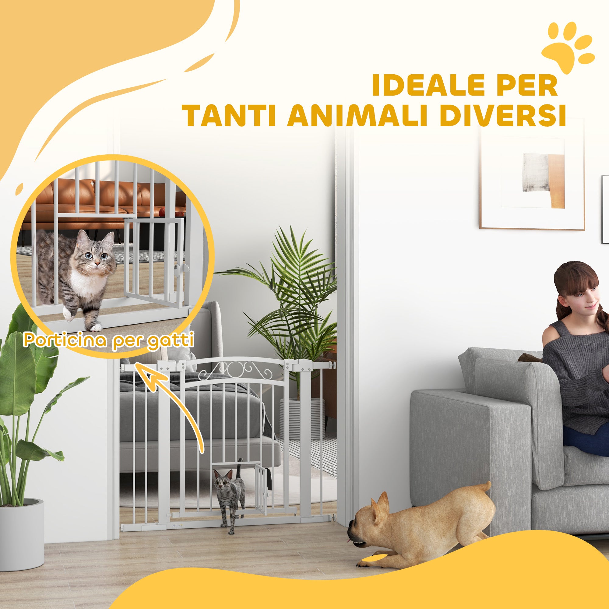 Indoor Dog Safety Gate, Dog Gate with 2 Extensions 76-104 cm and Cat Door, Pet Gate Height 77 cm, for Hallway and Stairs, White