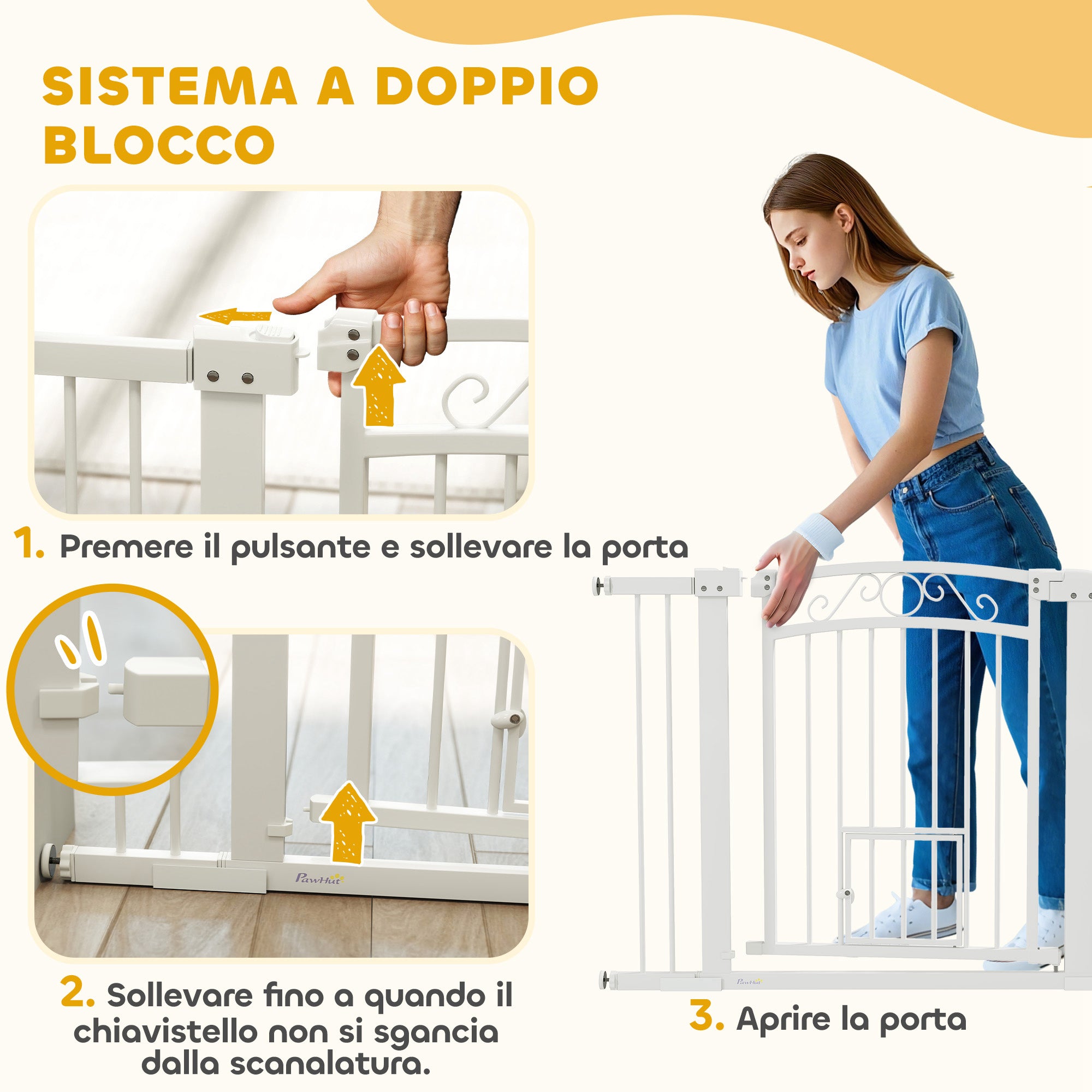 Indoor Dog Safety Gate, Dog Gate with 2 Extensions 76-104 cm and Cat Door, Pet Gate Height 77 cm, for Hallway and Stairs, White