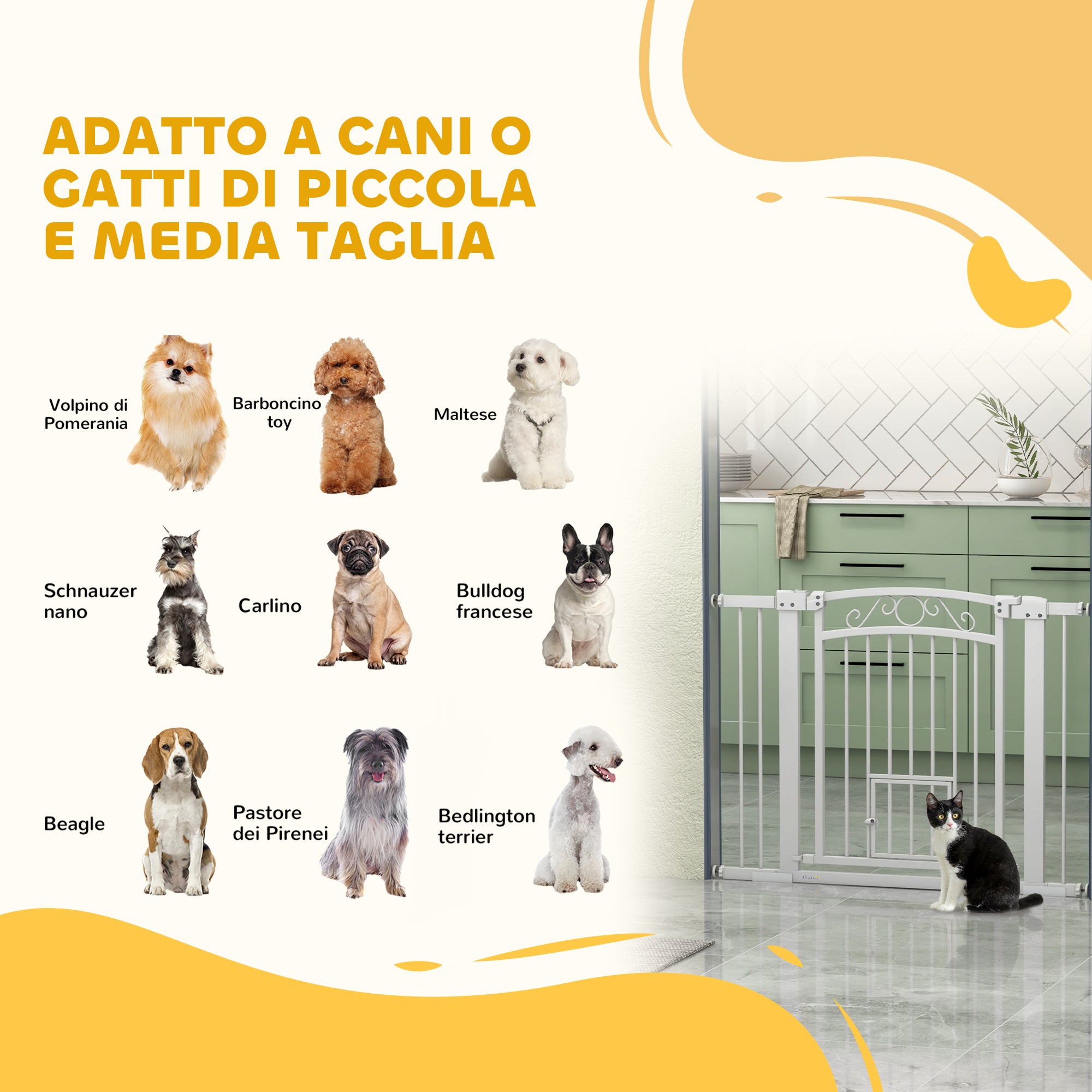 Indoor Dog Safety Gate, Dog Gate with 2 Extensions 76-104 cm and Cat Door, Pet Gate Height 77 cm, for Hallway and Stairs, White