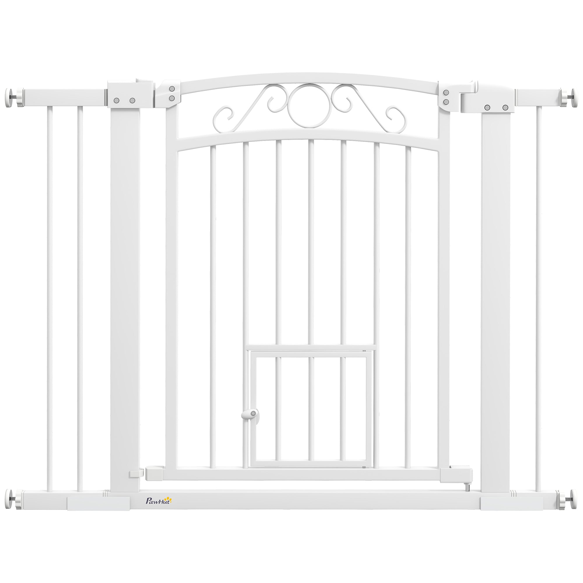 Indoor Dog Safety Gate, Dog Gate with 2 Extensions 76-104 cm and Cat Door, Pet Gate Height 77 cm, for Hallway and Stairs, White