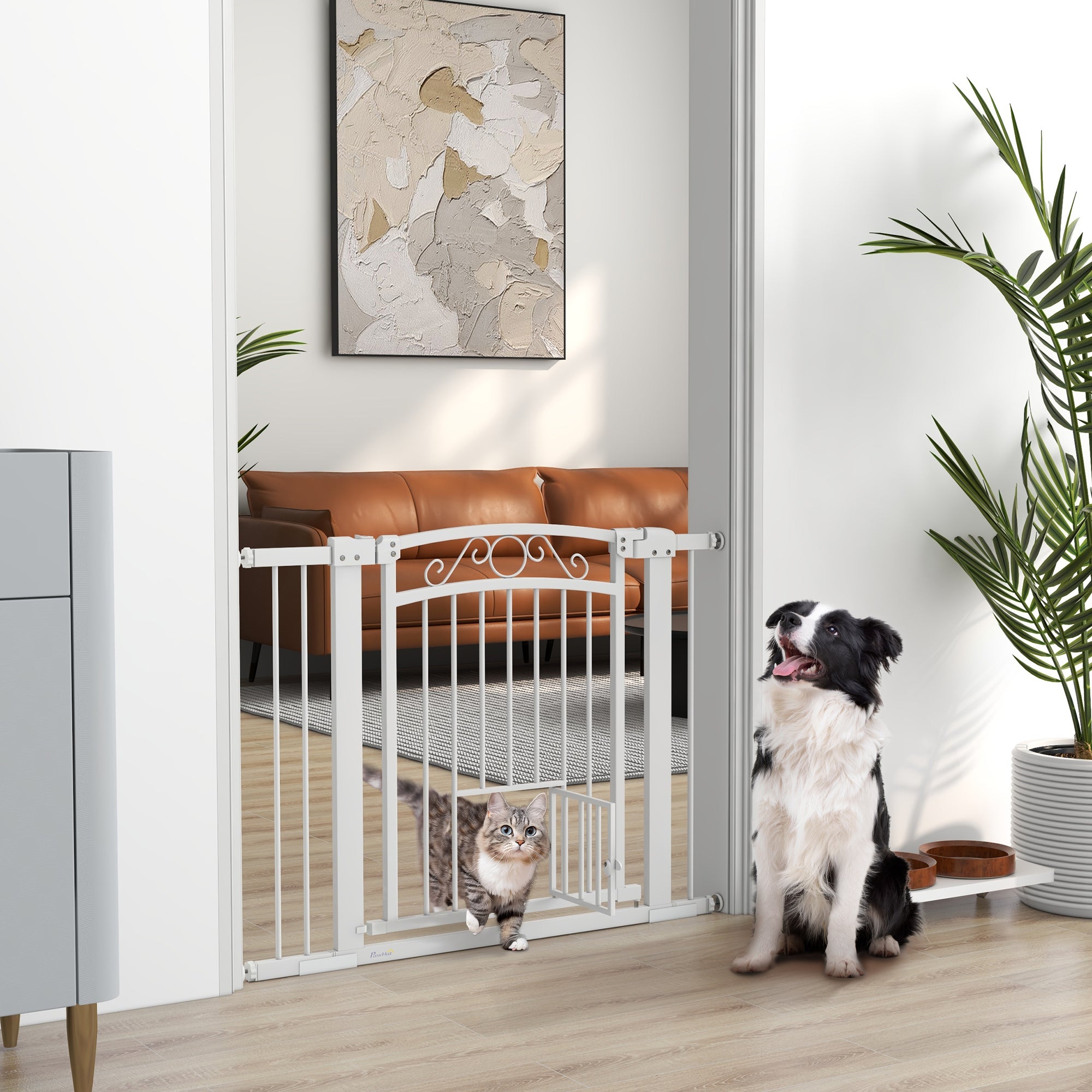 Indoor Dog Safety Gate, Dog Gate with 2 Extensions 76-104 cm and Cat Door, Pet Gate Height 77 cm, for Hallway and Stairs, White