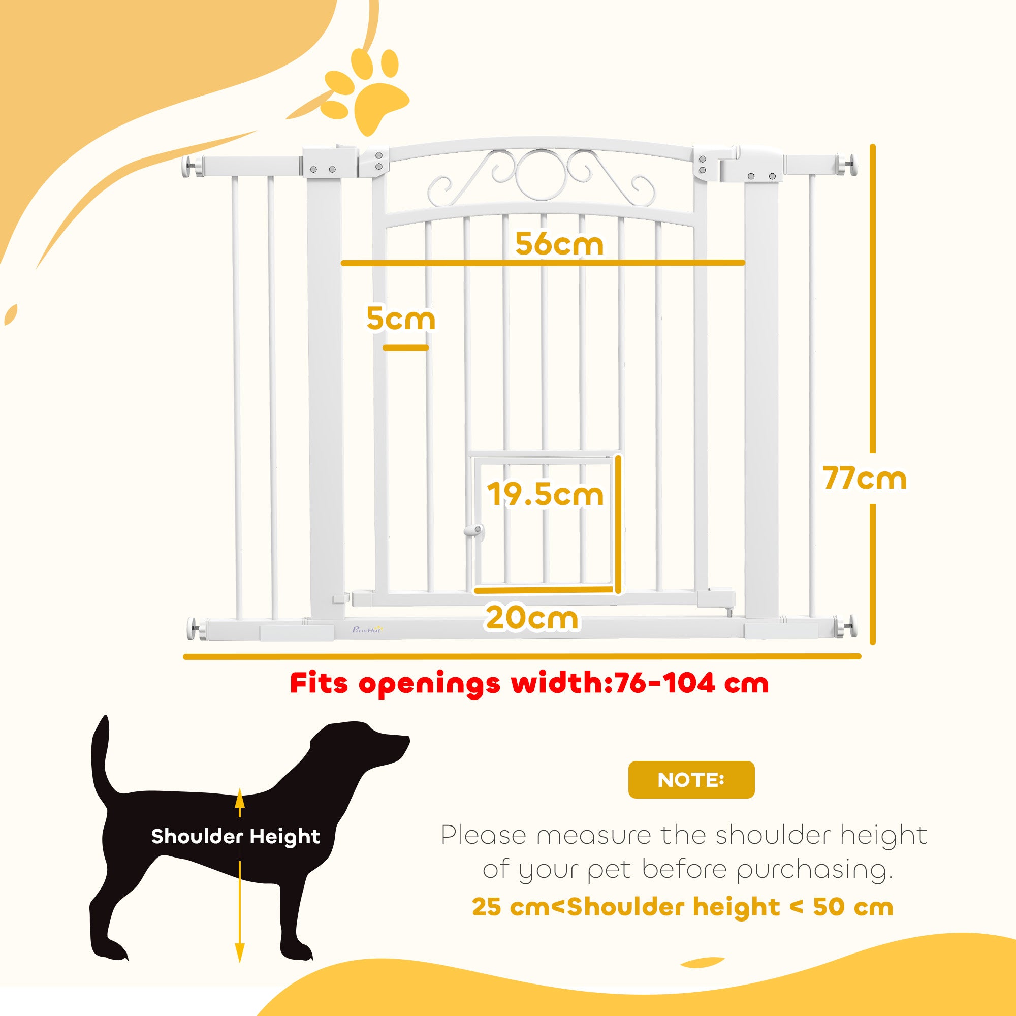 Indoor Dog Safety Gate, Dog Gate with 2 Extensions 76-104 cm and Cat Door, Pet Gate Height 77 cm, for Hallway and Stairs, White