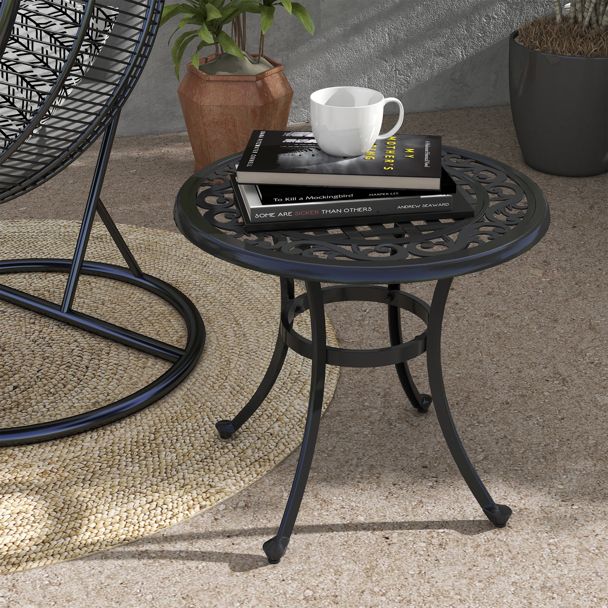 Side Table, Garden Table, Patio Table with Aluminum Frame, Coffee Table up to 50 kg Load Capacity for Garden, Balcony, Black, 60 x 60 x 53 cm