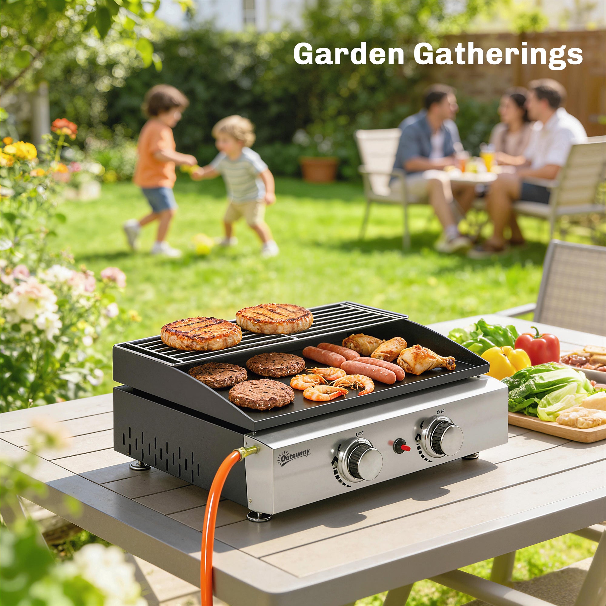 Portable Tabletop Gas Grill, 5 kW, 2 Burners, Ceramic-Coated Griddle, Warming Rack, Removable Grease Tray, Stainless Steel — Picnic & Balcony Grill
