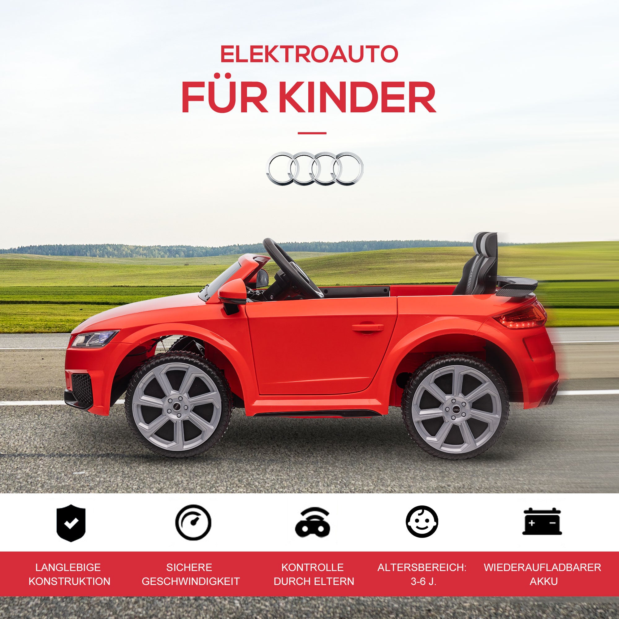 Kids Electric Car 12V Children's Car with 2.4G Remote Control, Music, Horn, Electric Vehicle with LED Light, USB/MP3 Connection, Reverse Function, for Children 3-5 Years Old, Red