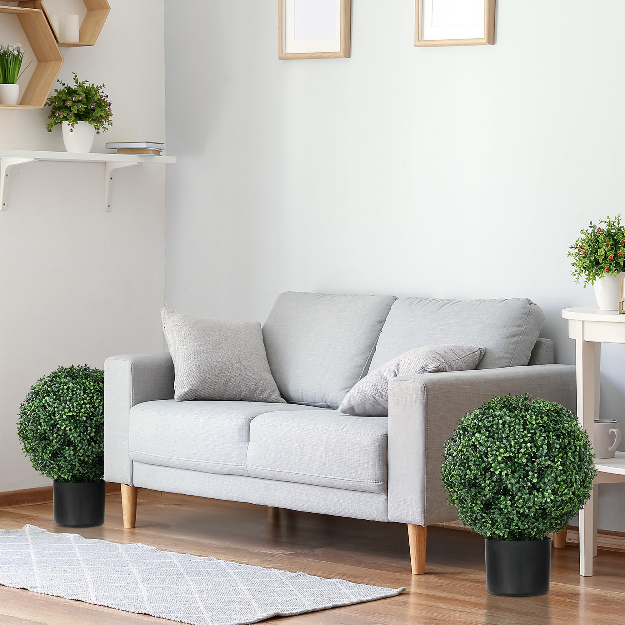 Set of 2 Artificial Boxwood Trees 52cm Fake Plant, Round Faux Boxwood in Pot, Artificial Plants realistic for Living Room Bedroom Office Decor