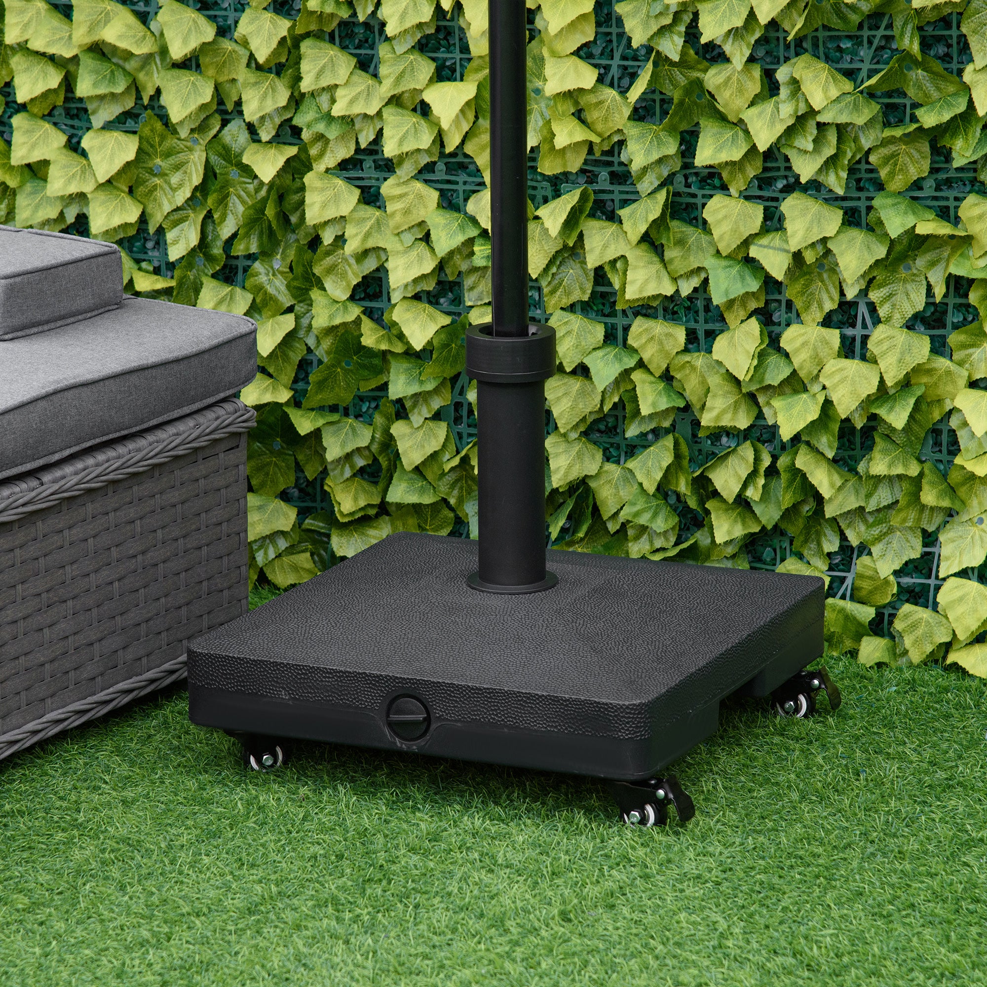 Umbrella Base with 4 Lockable Wheels Fillable Parasol Stand with 18 kg Sand or 16 kg Water for Garden Patio Terrace 45x45x39 cm Black