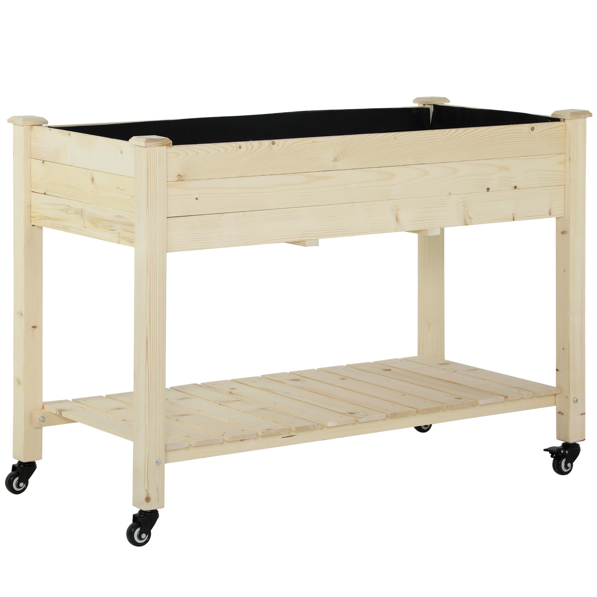 Raised Urban Garden Planting Table 118x55x83 cm Wooden Raised Bed with Shelf Geotextile Fabric Wheels with Brakes Portable for Gardening in Garden Terrace Natural Color