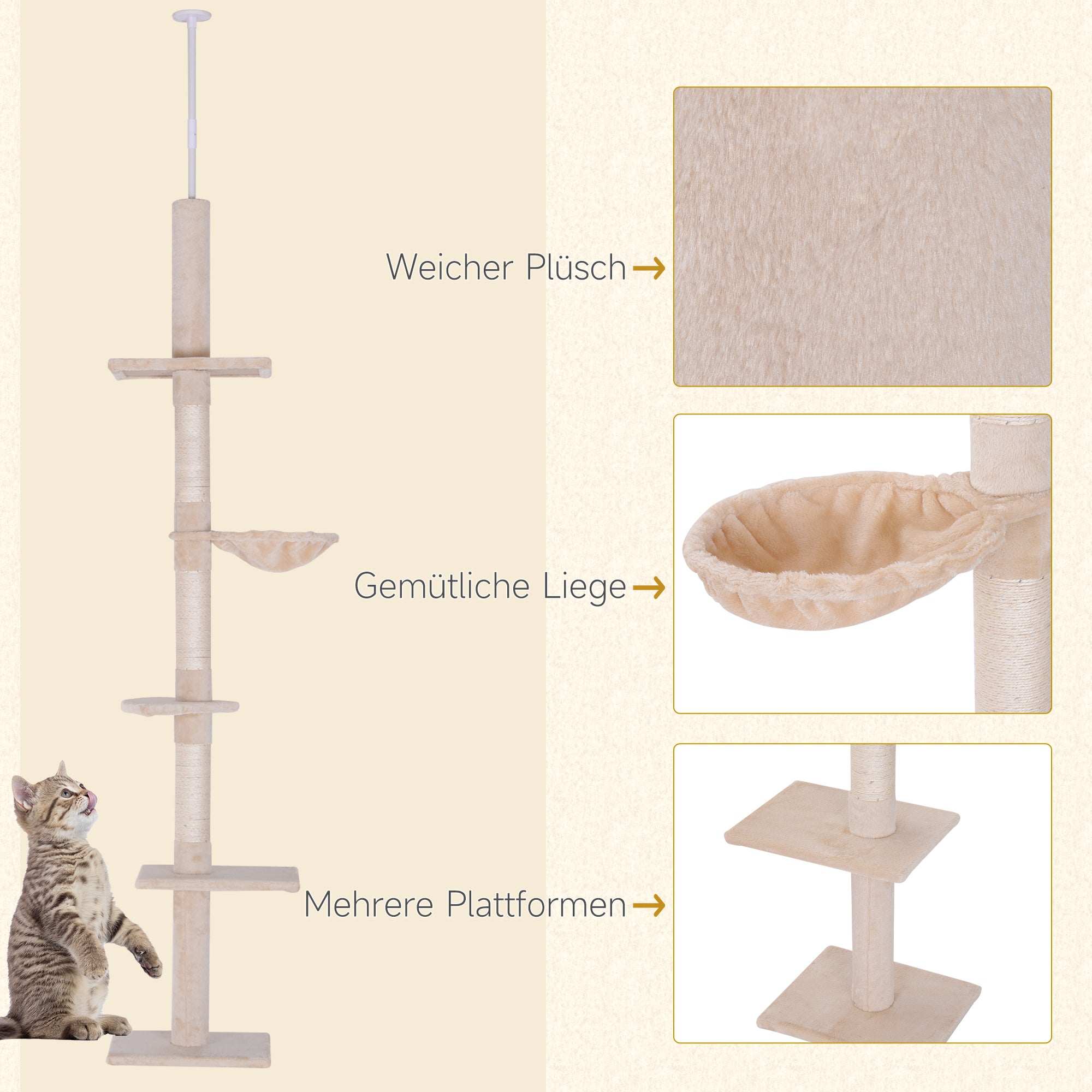 Ceiling-high Adjustable Cat Tree with Sisal Columns, Sturdy Cat Climbing Tree, Beige, 40 x 34 x 230-260 cm