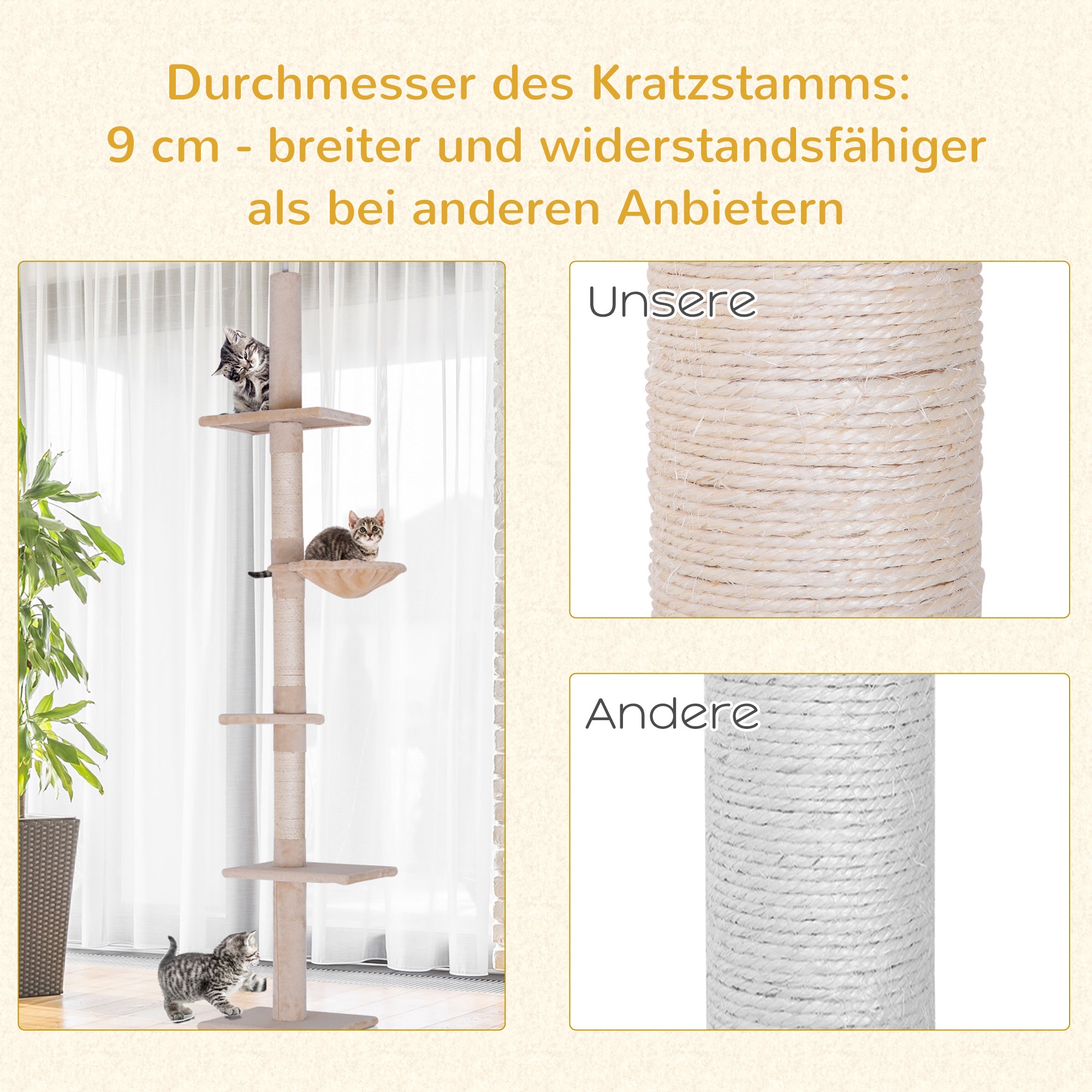 Ceiling-high Adjustable Cat Tree with Sisal Columns, Sturdy Cat Climbing Tree, Beige, 40 x 34 x 230-260 cm