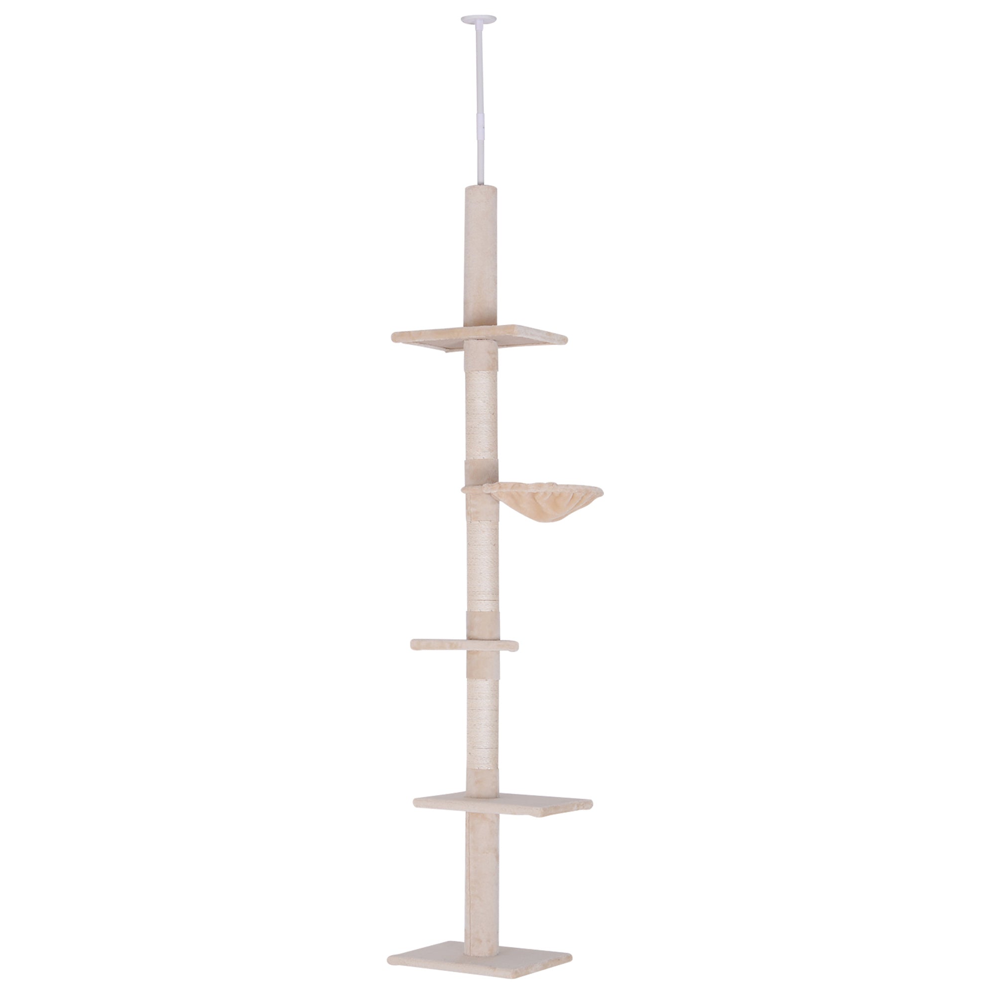 Ceiling-high Adjustable Cat Tree with Sisal Columns, Sturdy Cat Climbing Tree, Beige, 40 x 34 x 230-260 cm