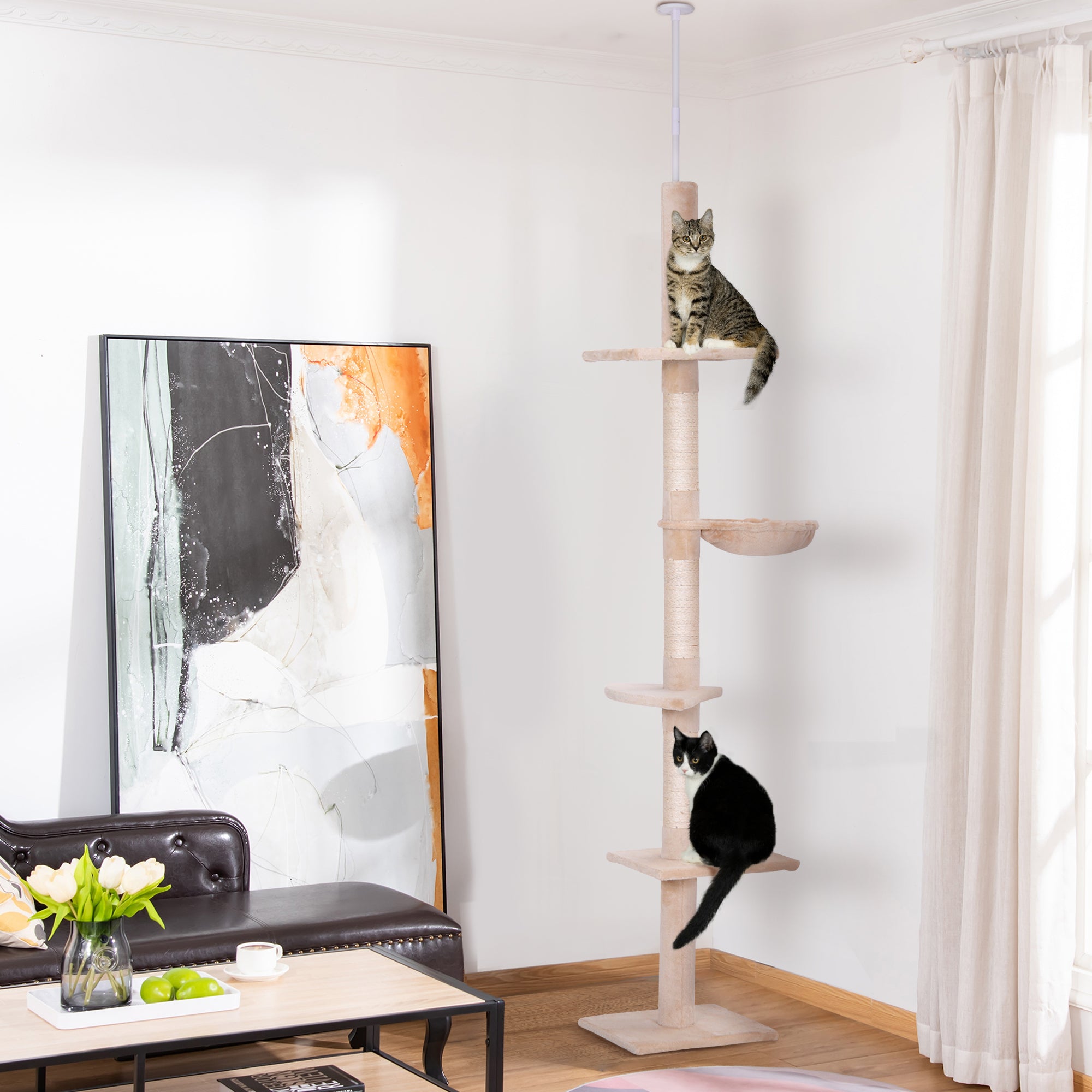 Ceiling-high Adjustable Cat Tree with Sisal Columns, Sturdy Cat Climbing Tree, Beige, 40 x 34 x 230-260 cm